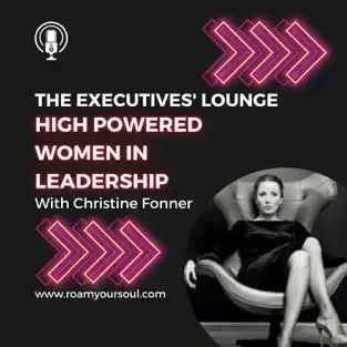 High-powered women in leadership podcast cover featuring Christine Fronner, showcasing a modern design with pink arrows and a stylish woman seated in a chair.