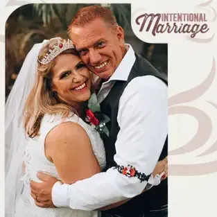 Nikki Gianni and her partner embracing, smiling, dressed in wedding attire, with the text "Intentional Marriage" in the corner, reflecting themes of leadership and relationship coaching.