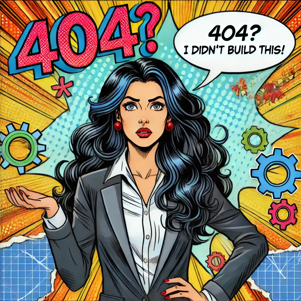Woman in business attire expressing surprise at a "404?" error, with comic-style graphics and gears in the background, symbolizing confusion in digital navigation.