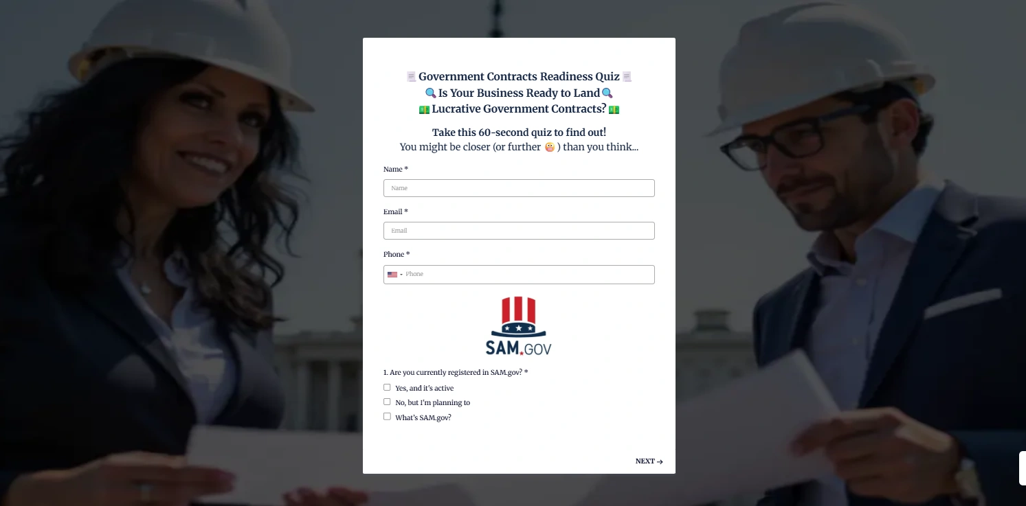 Government Contracts Readiness Quiz interface featuring a woman in a hard hat and a man in glasses, both engaging with a form, emphasizing readiness for government contracts.