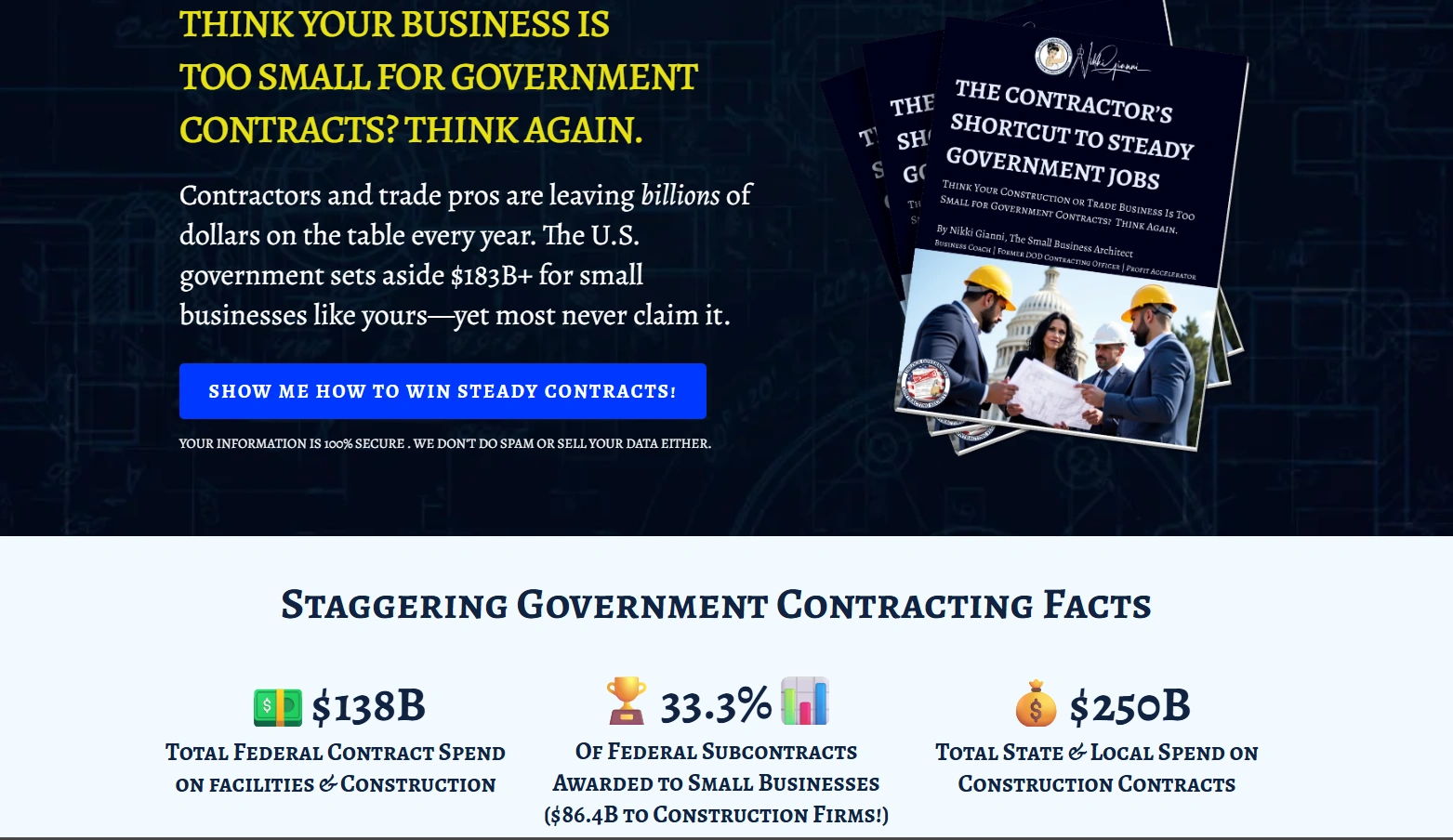 Image featuring Nikki Gianni's book "The Contractor's Shortcut to Steady Government Jobs" with a group of professionals discussing plans, emphasizing government contracting opportunities for small businesses.