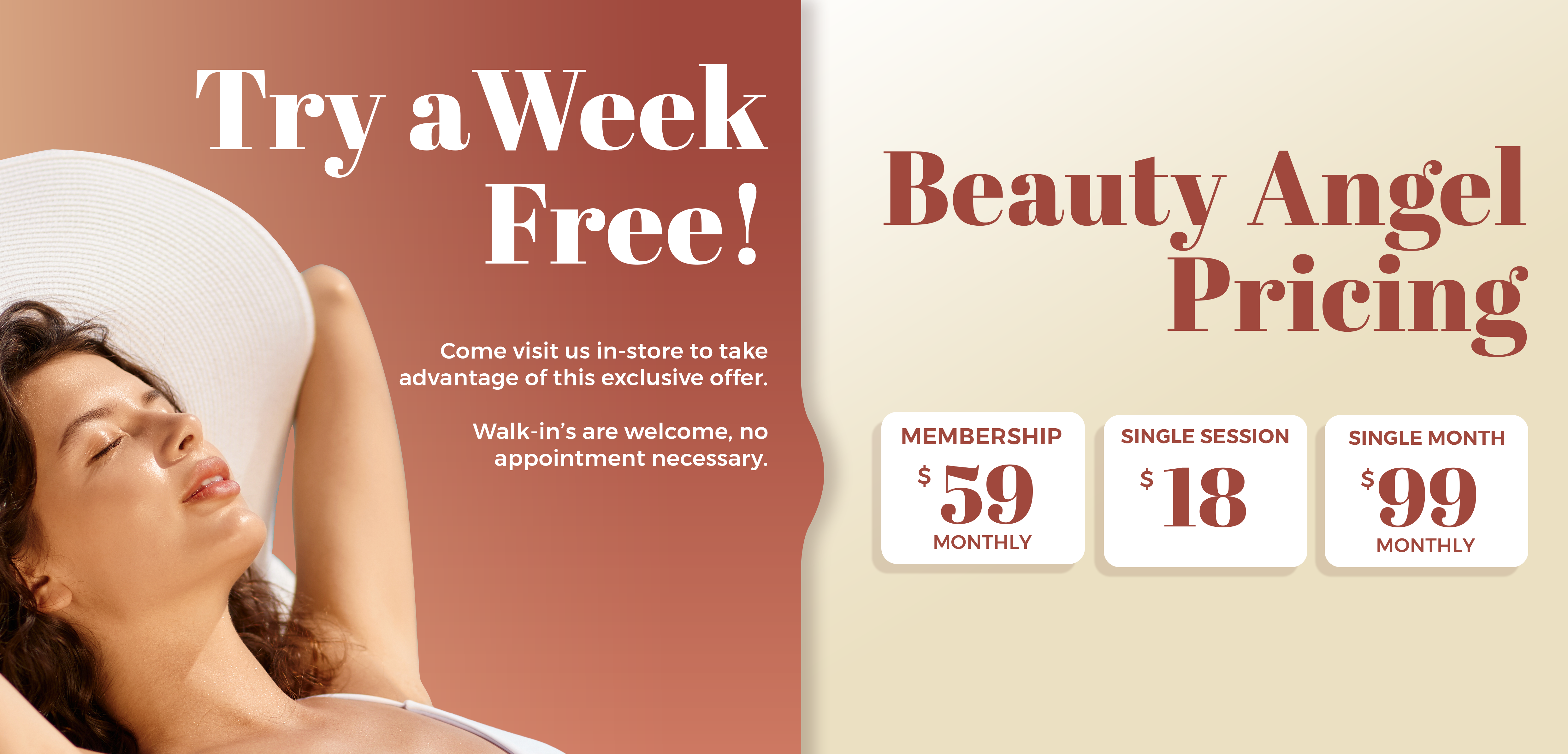 Beauty Angel pricing at The Sun Emporium in Vaughan: Membership $59/month, Single Session $18, Single Month $99. Try a week free, no appointment necessary.