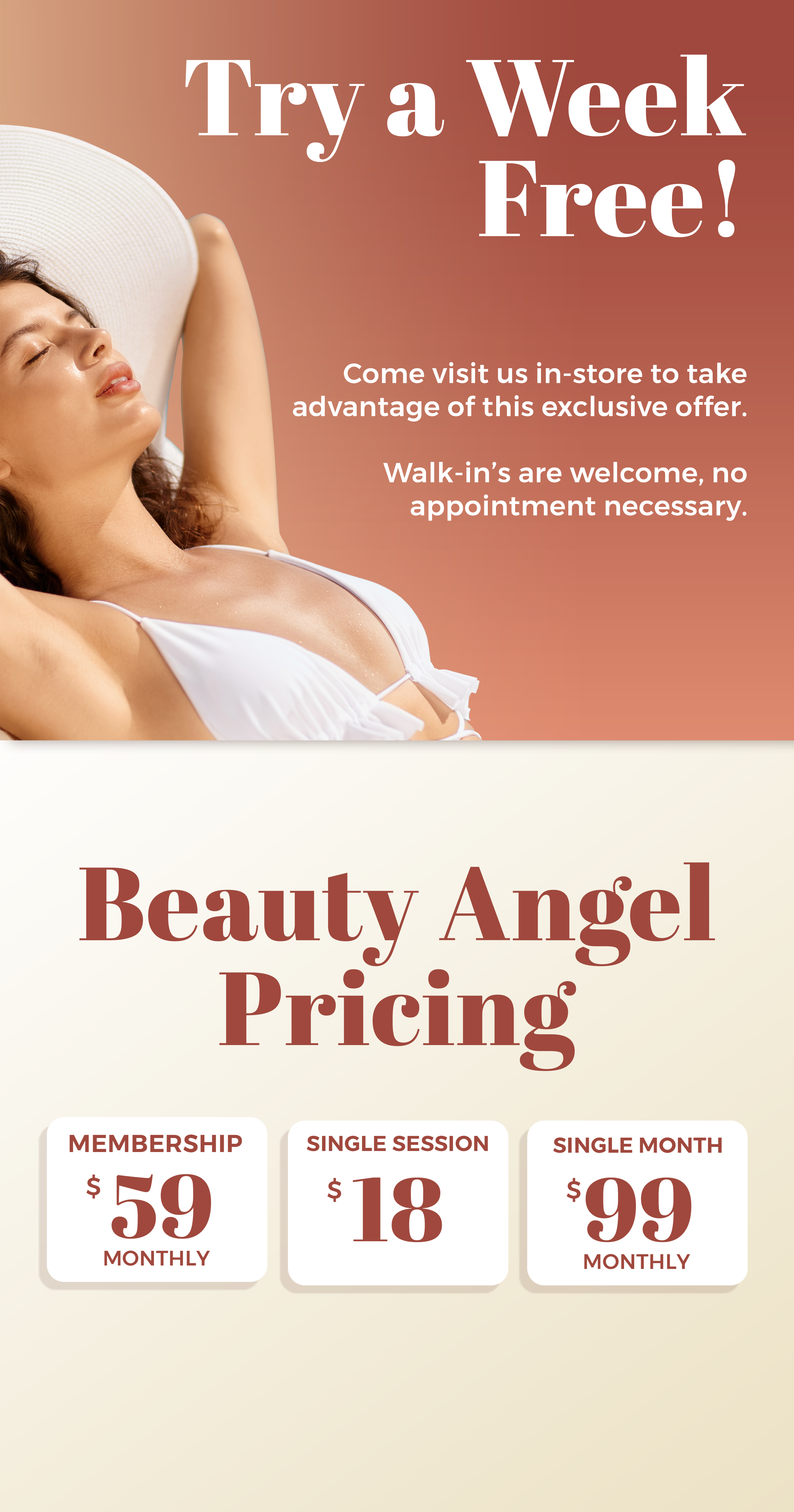 Beauty Angel pricing at The Sun Emporium in Vaughan: Membership $59/month, Single Session $18, Single Month $99. Try a week free, no appointment necessary.