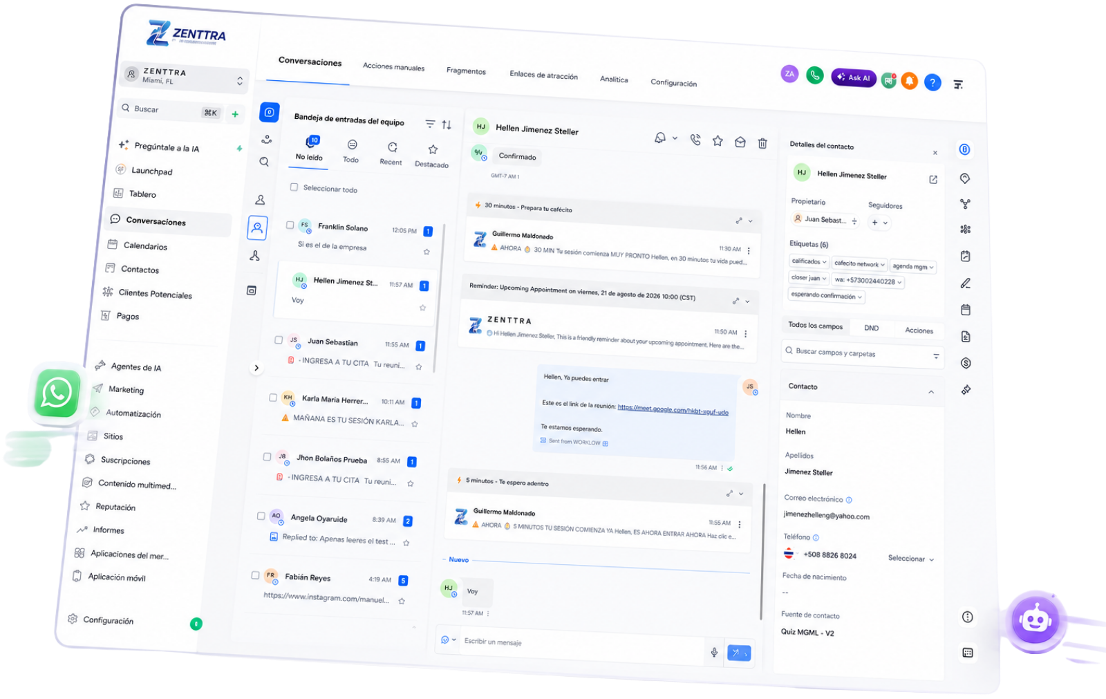 Automatizaciones de WhatsApp en Zenttra
