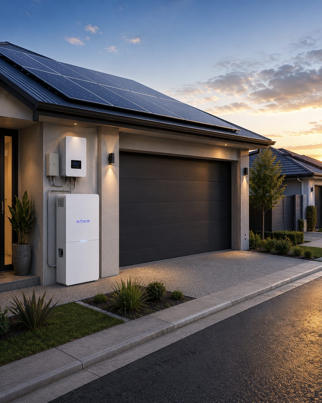 Modern Melbourne home with rooftop solar panels at sunset