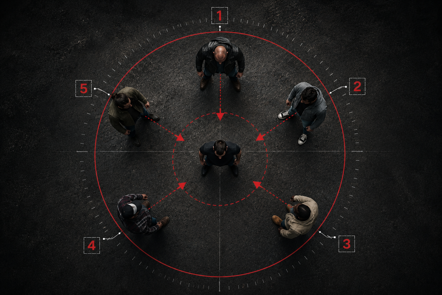Five attackers surrounding one person in a circle, each numbered, with arrows pointing inward to the center