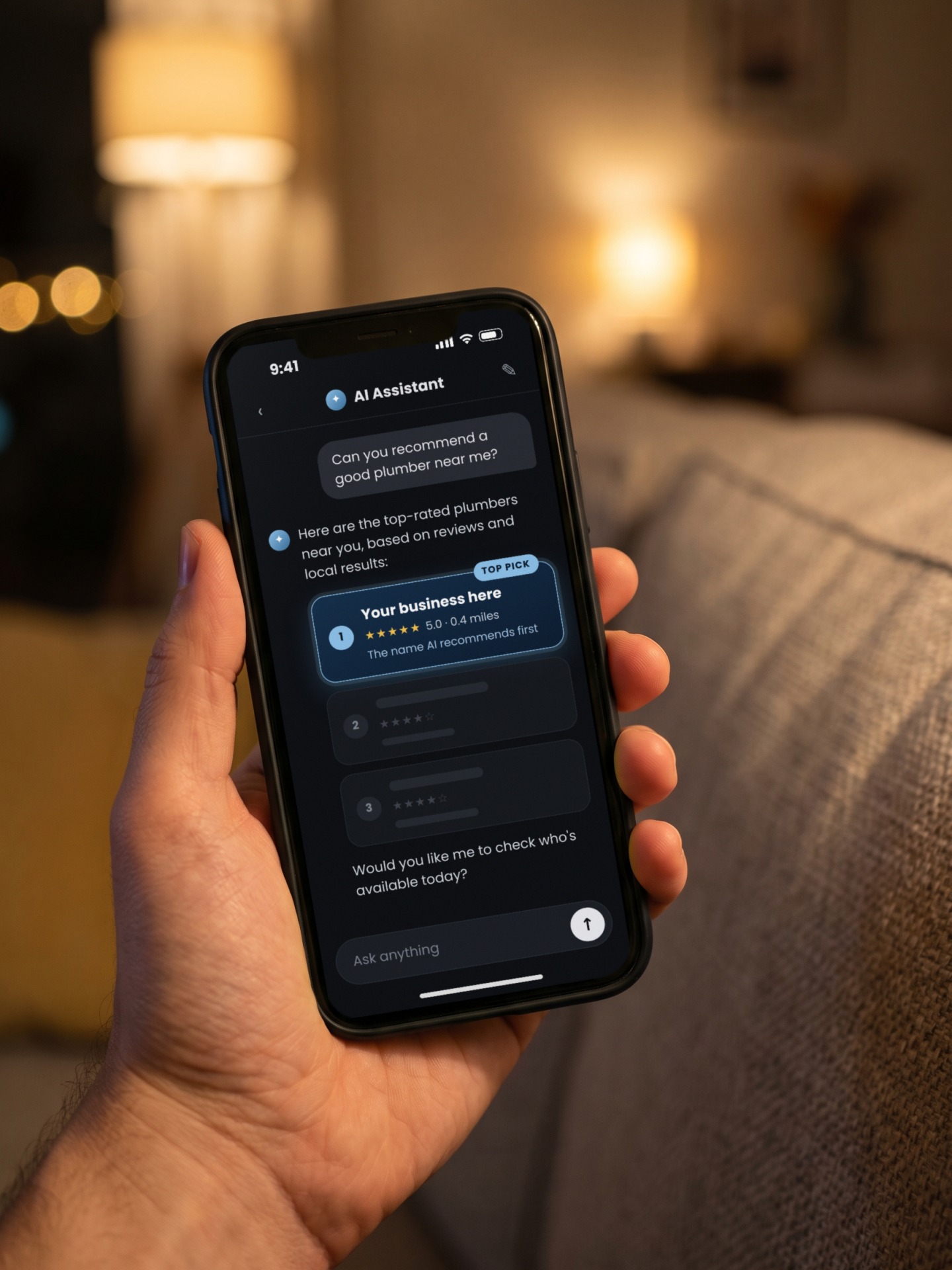 A phone showing an AI assistant recommending a local business as its top pick