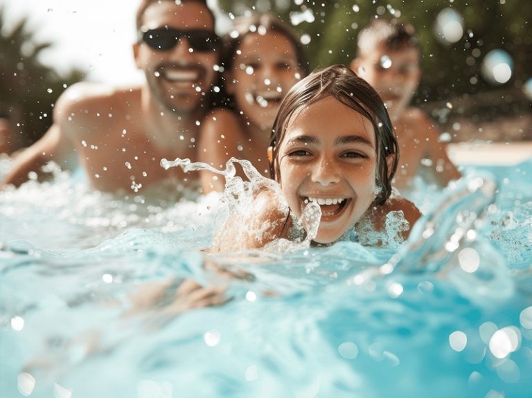 A family laughing as a young girl splashes through bright blue pool water