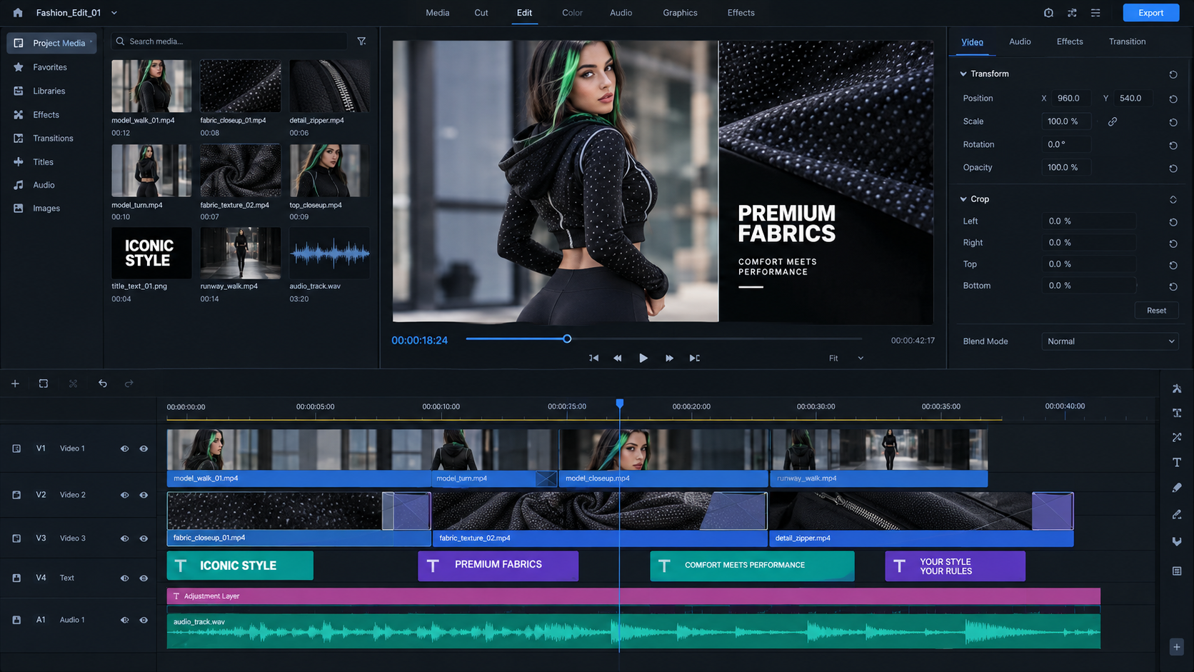 Graphic timeline interface showing multi-track video editing of fashion cuts, fabric close-up textures, dynamic typography captions, and audio waveform, clean dark mode UI