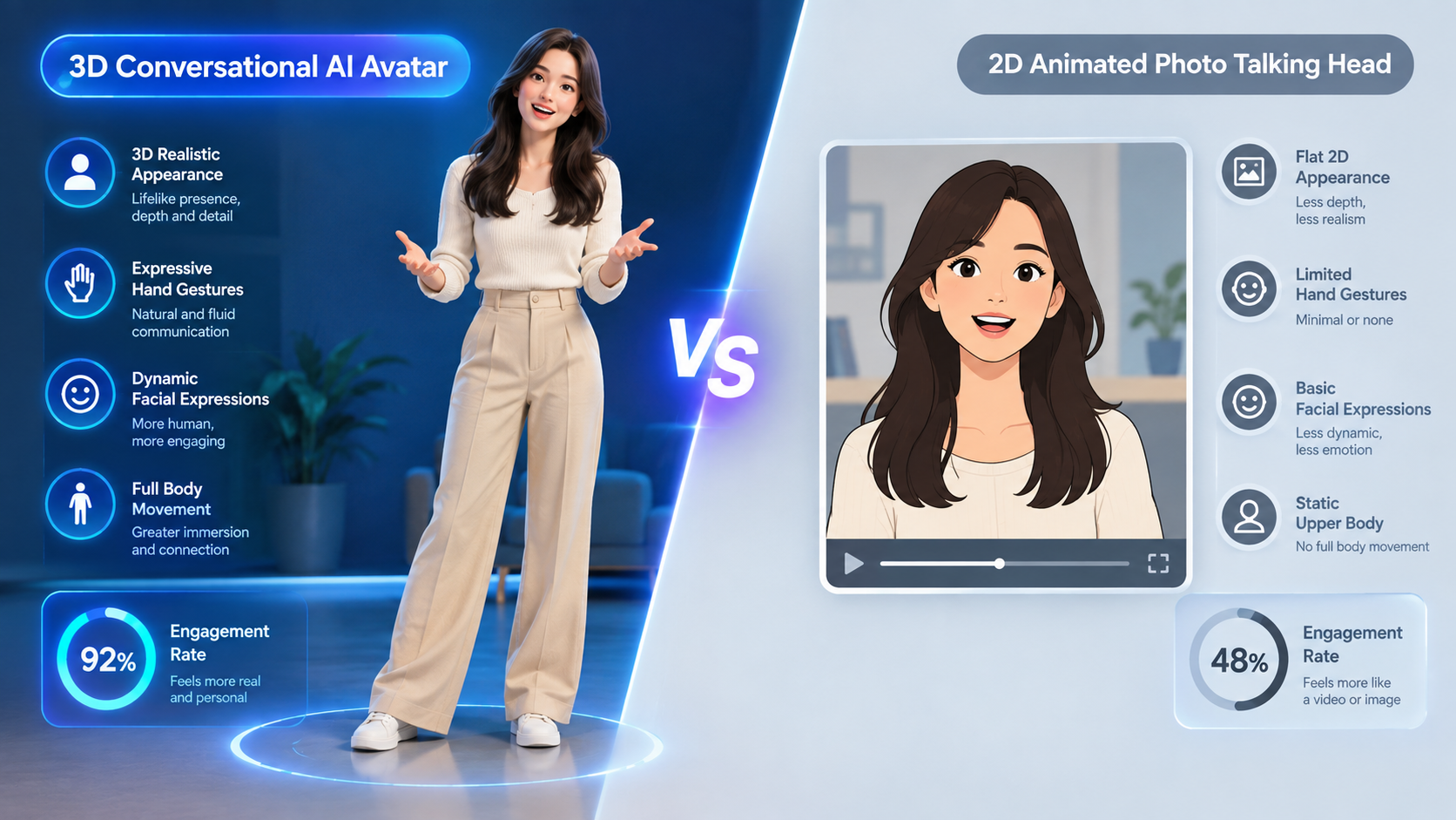 Split view comparison showing modern 3D full-body conversational AI avatar with expressive hands versus flat 2D animated photo talking head, clean tech graphic style with glowing comparison metrics