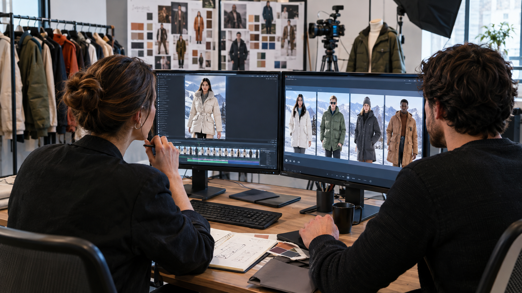 Behind the scenes digital production studio showing fashion designers reviewing an AI generated vertical video of diverse models showcasing seasonal jacket collection on dual monitors, photorealistic, 8k
