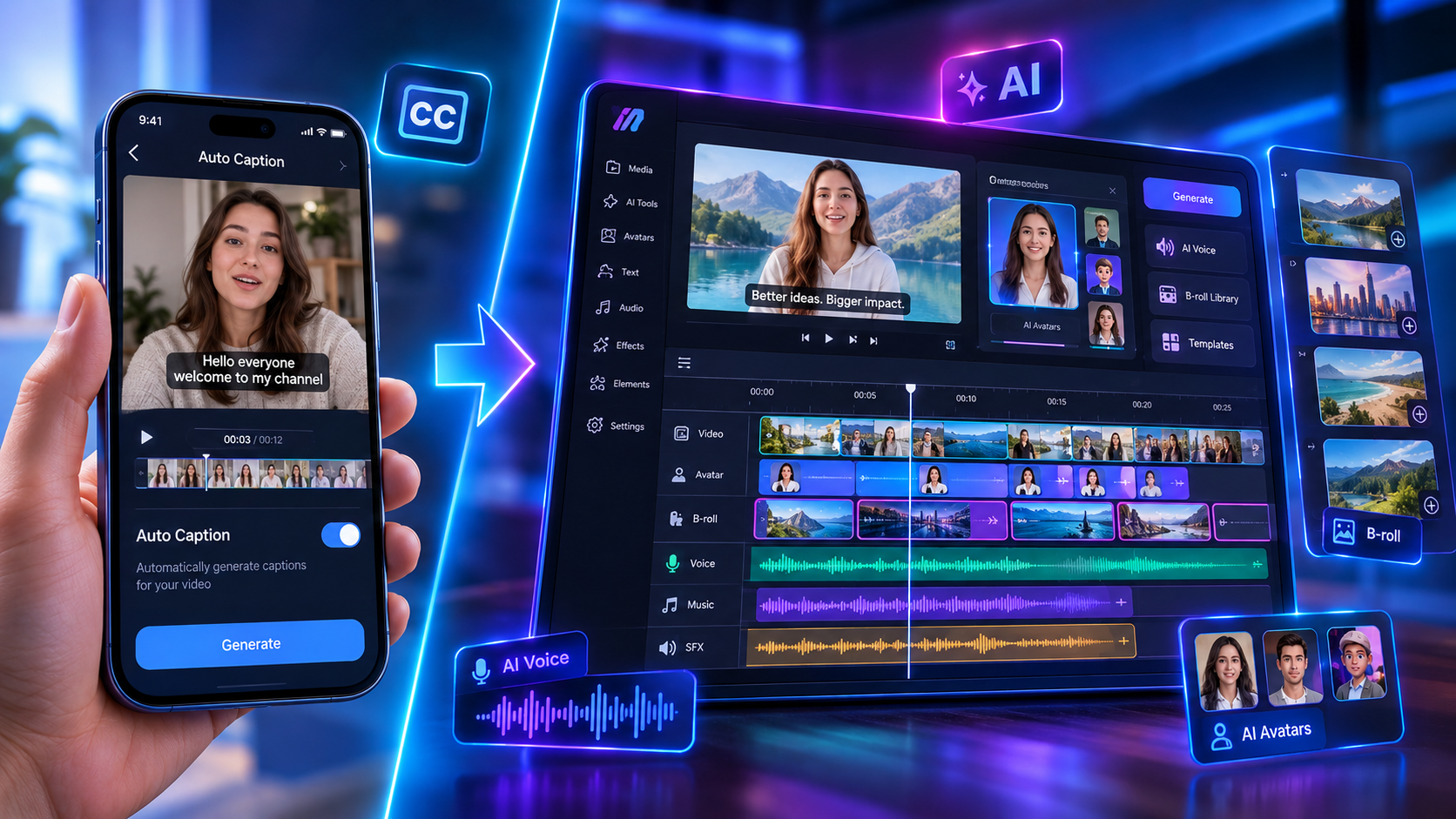 A modern split-screen digital graphic showing a basic auto-caption mobile interface on the left compared against a comprehensive multi-track AI video editor timeline with avatar tracks, audio stems, and b-roll layers on the right, glowing neon accents, 3D UI render.
