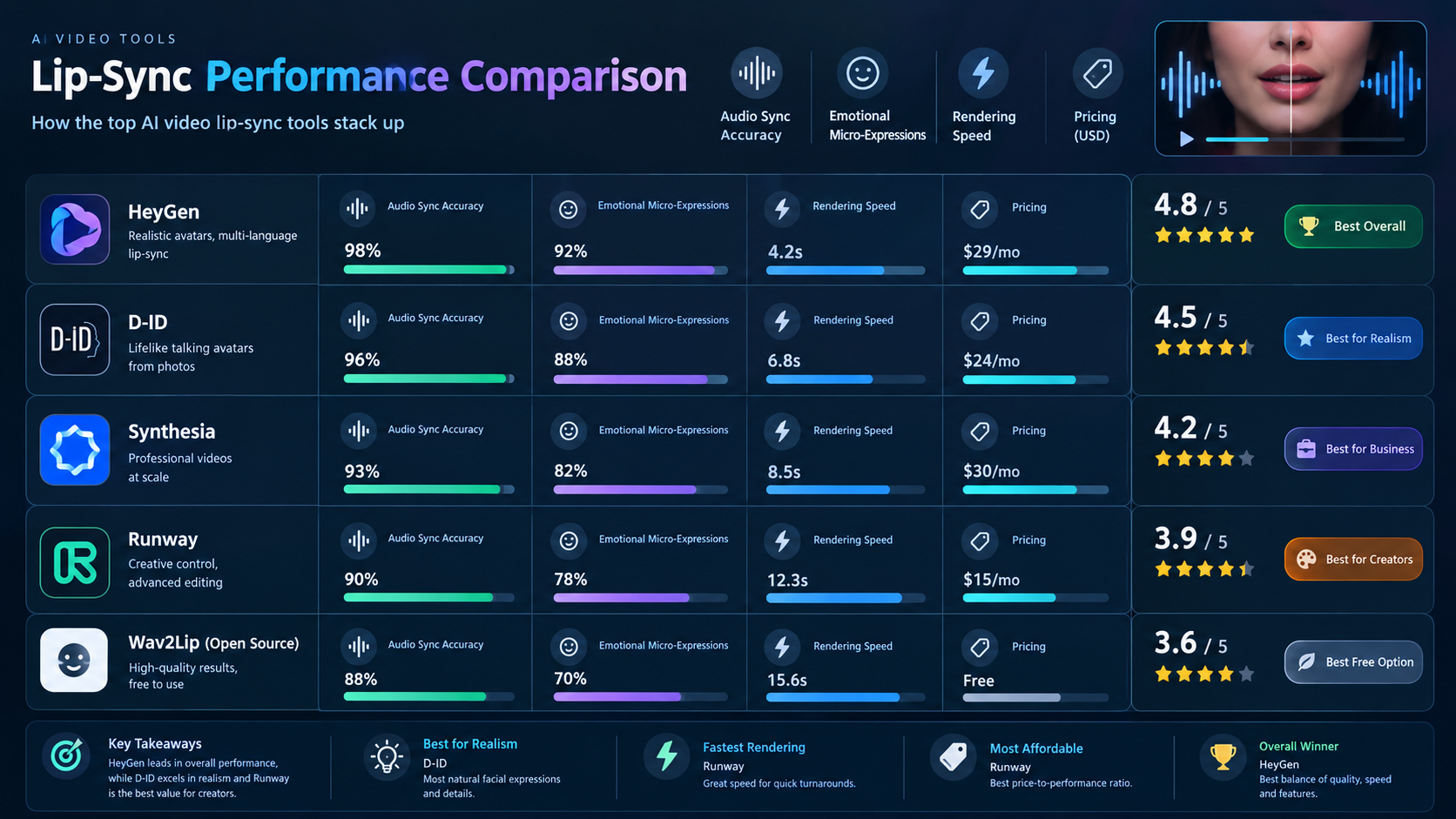 Performance evaluation chart comparing AI video lip-sync tools across audio sync accuracy, emotional micro-expressions, rendering speed, and pricing, clean modern tech dashboard graphics.