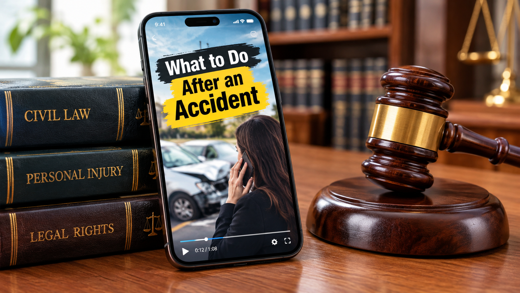 A smartphone mockup resting against legal law books and a wooden gavel, displaying an educational vertical video with bold dynamic captions reading 'What to Do After an Accident', 8k studio product photography