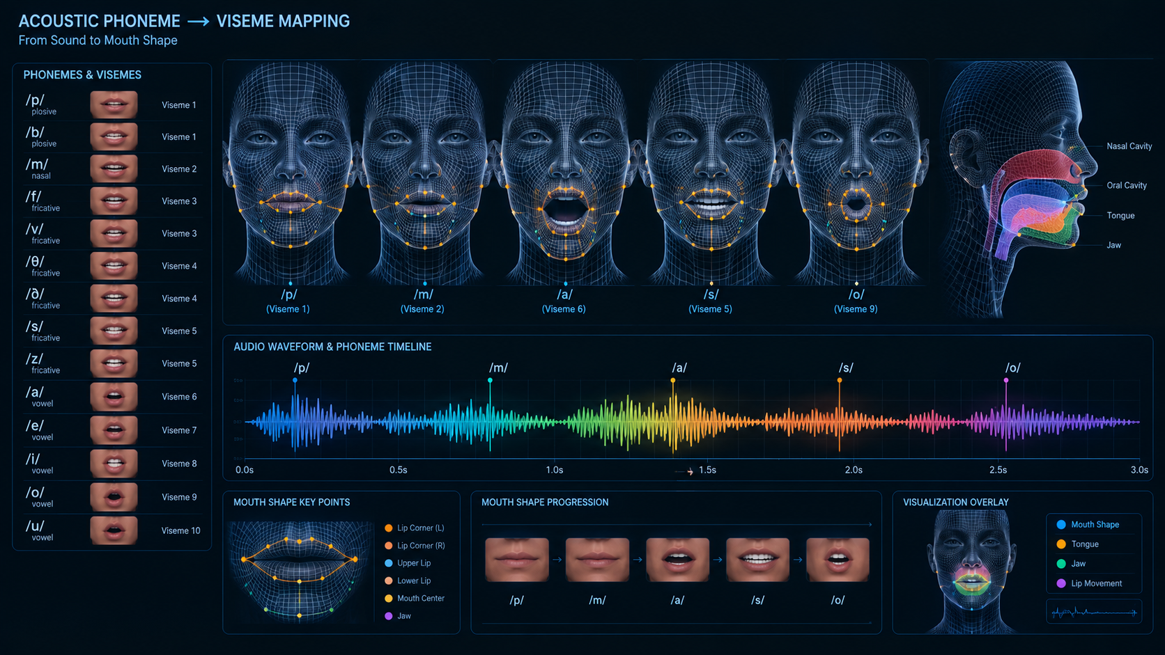 High-detail anatomical 3D facial wireframe diagram displaying acoustic phoneme-to-viseme mapping, showing mouth shape articulation points synchronized to digital audio waveforms, clean dark UI tech visualization.