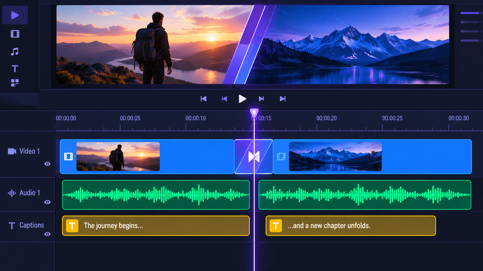 AI Image Prompt: A close-up graphic illustration highlighting a multi-track audio and video timeline editor panel. The playhead is positioned at a transition point between two scenes. Below, separate tracks show blue blocks for video clips, green blocks for voice audio waveforms, and yellow blocks for text captions. Subtle glow effects, vector art, high contrast purple and dark gray background.