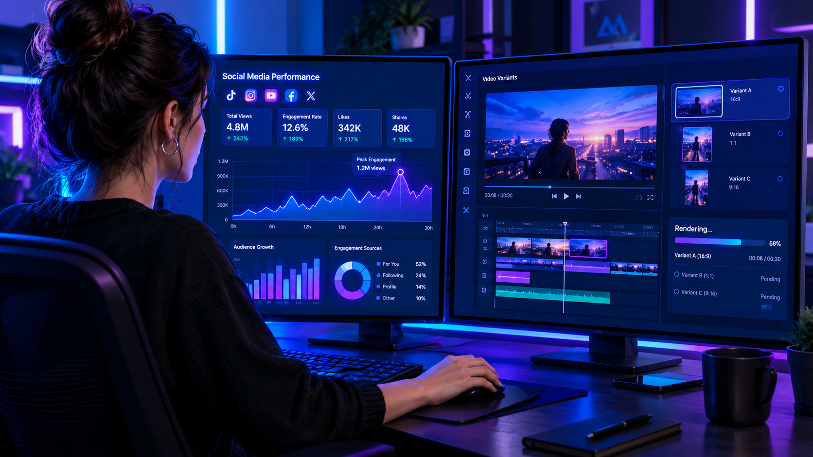 AI Image Prompt: An illustration of a modern marketer tracking video analytics on a split screen. On the left screen, social media performance graphs showing high engagement spikes. On the right screen, a video editor rendering video variants. Neon blue and violet aesthetics.