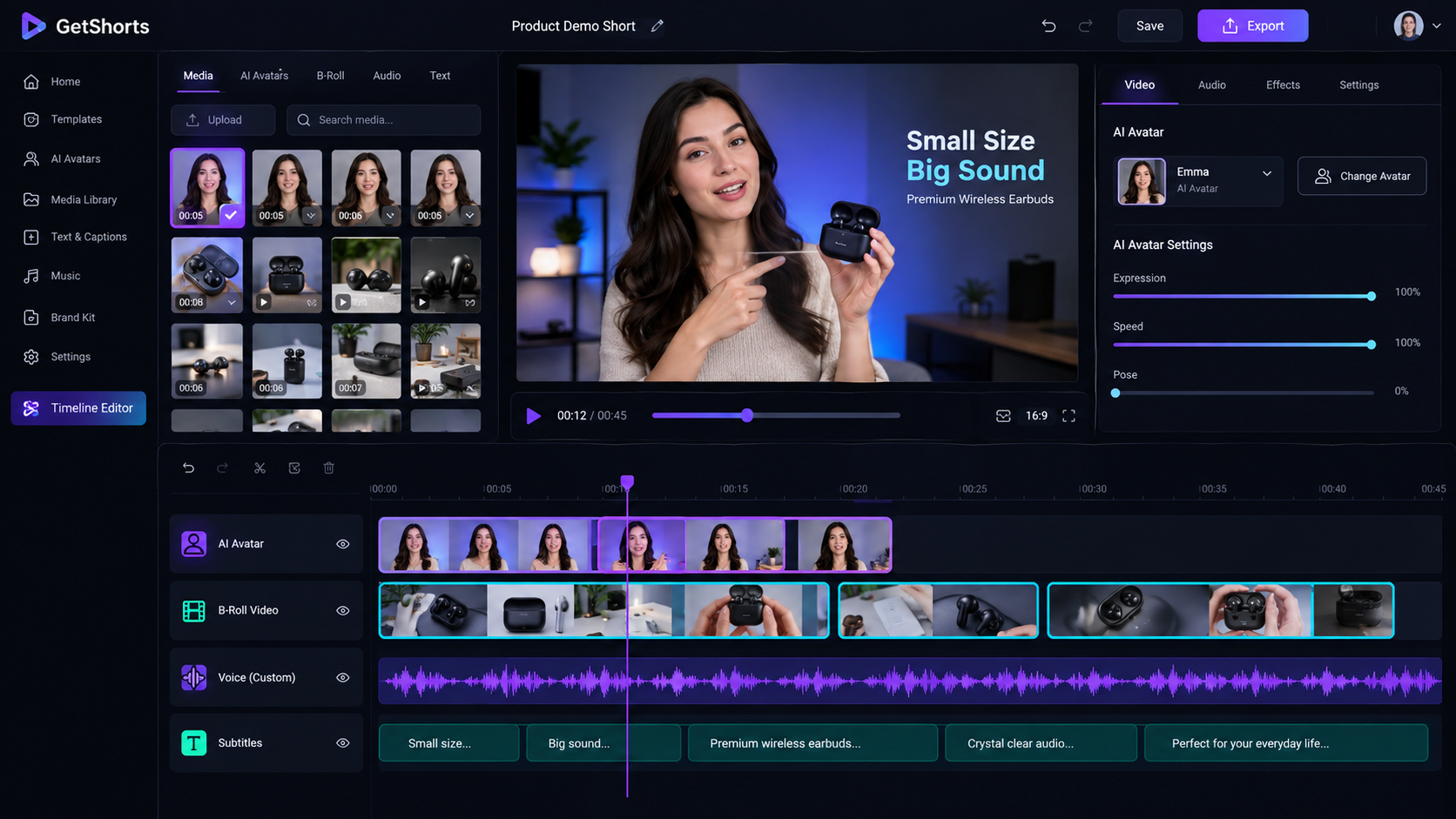 AI Image Prompt: A modern, dark-mode desktop mockup displaying the GetShorts timeline video editor interface. The timeline features multiple color-coded tracks: an AI avatar track with face thumbnail previews, a B-roll video track with scenes of a product, a custom voice track showing audio waveforms, and a subtitle track. Neon purple and cyan highlight active selections, clean UI with minimalist toolbar.
