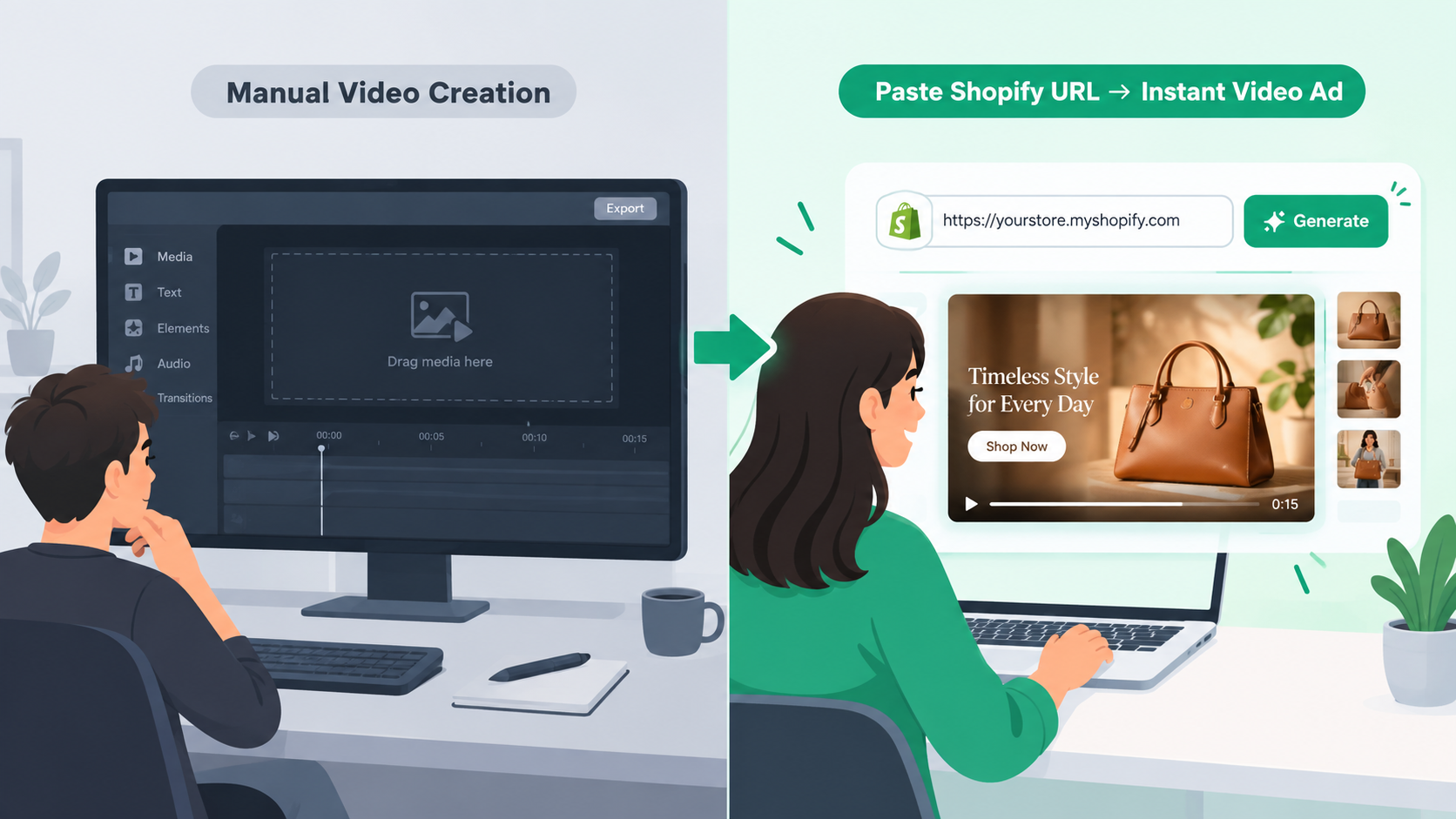 AI Image Prompt: Split dashboard comparison. Left side shows a blank video editor, representing manual video creation. Right side shows a user pasting a Shopify URL, with a complete video ad preview popping up instantly. Clean flat illustration.