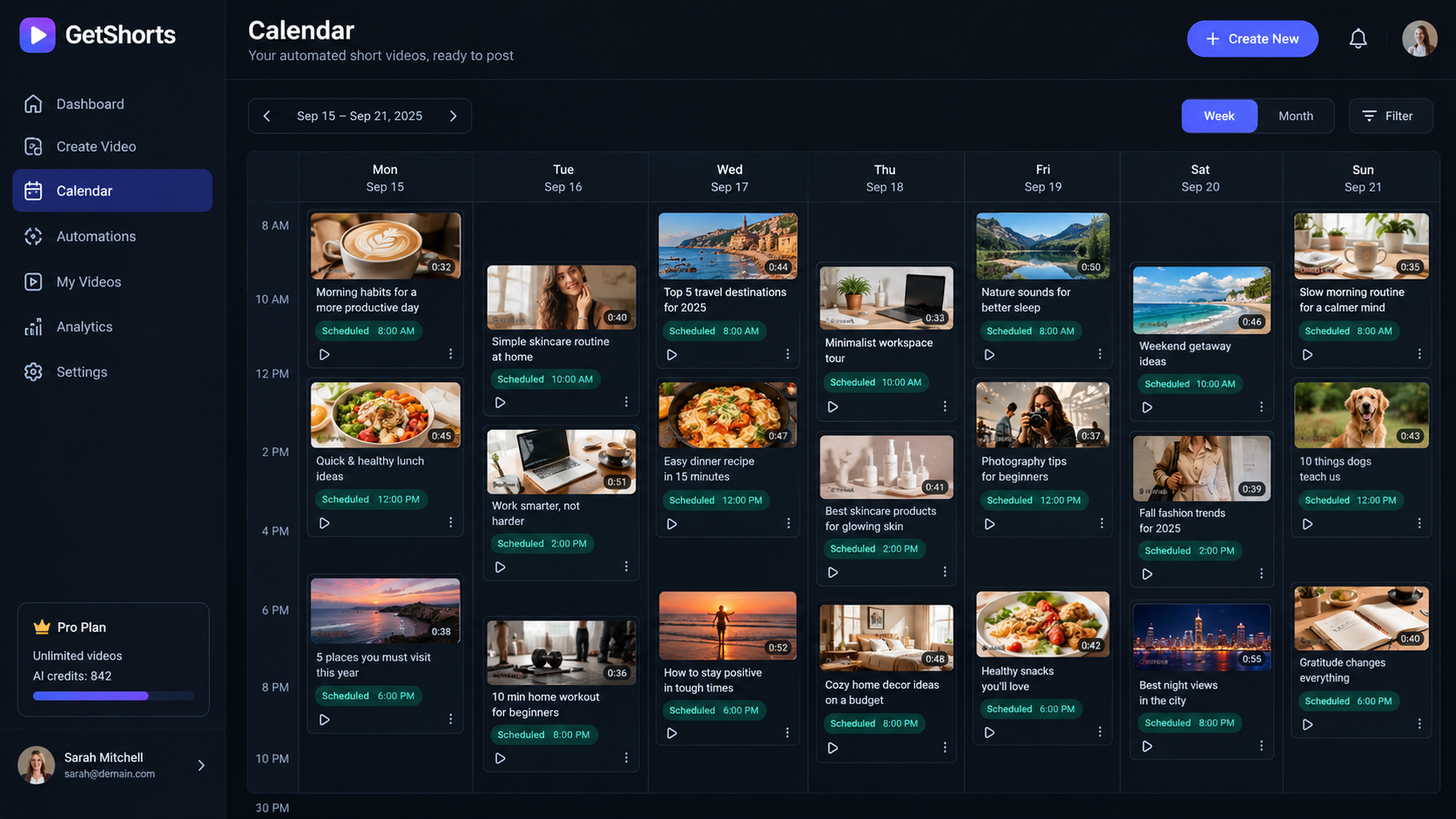 AI Image Prompt: Interface view of the GetShorts calendar scheduling dashboard, displaying auto-rendered vertical video ad cards lined up for automated posting. Sleek, high contrast dark theme UI.