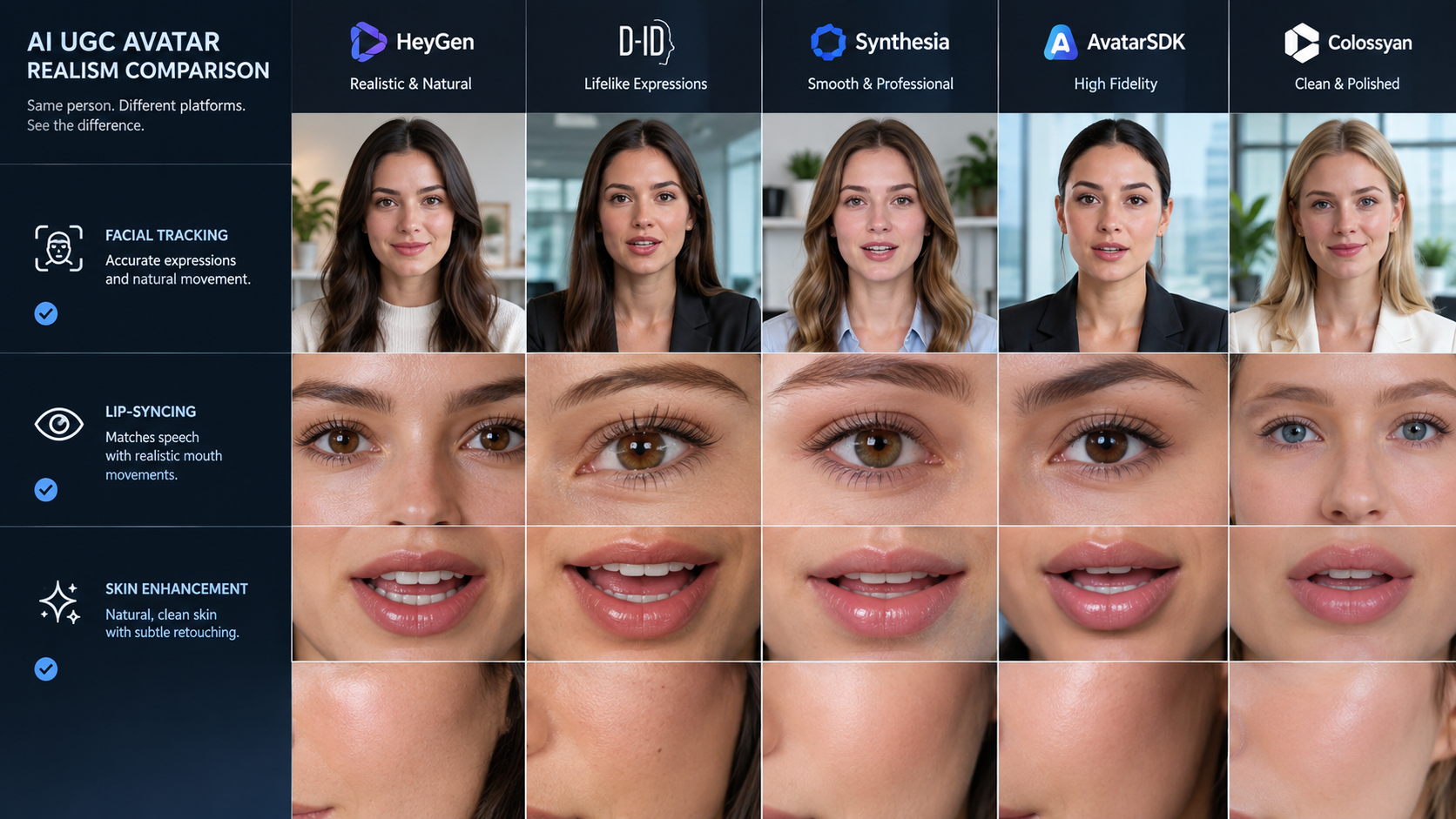 AI Image Prompt: Graphic comparing AI UGC avatar realism across different platforms. Visual grid showing close-ups of digital actors, highlighting clean facial tracking, natural lip-syncing, and skin-enhancement filters.