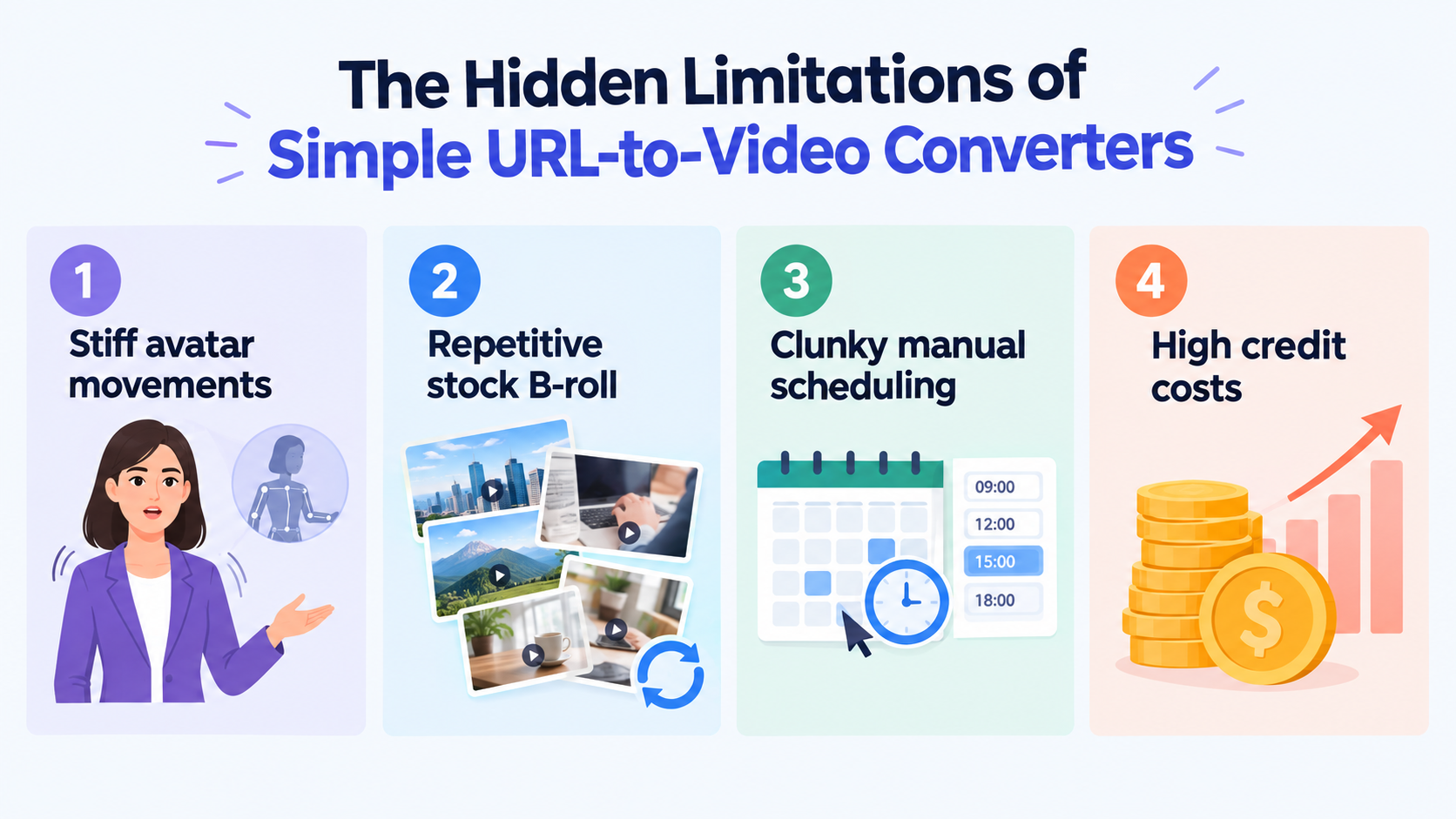 AI Image Prompt: Infographic showing the limitations of simple URL-to-video converters: 1. Stiff avatar movements. 2. Repetitive stock B-roll. 3. Clunky manual scheduling. 4. High credit costs. Clean vector design.