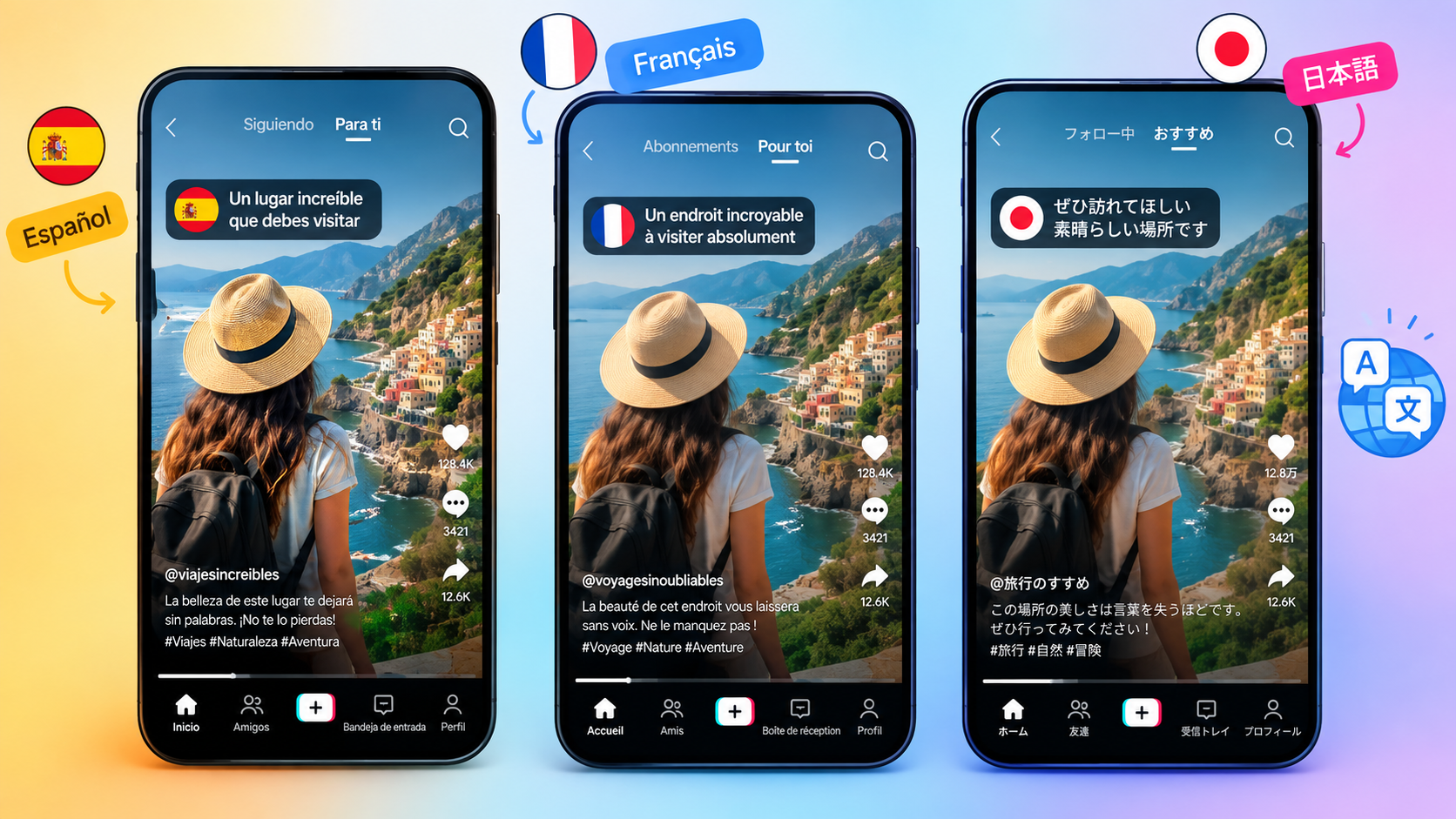 AI Image Prompt: Mockup showing a social media video interface translated into Spanish, French, and Japanese. Preview cards with country flag indicators and localized captions on screen. Vibrant, modern layout.