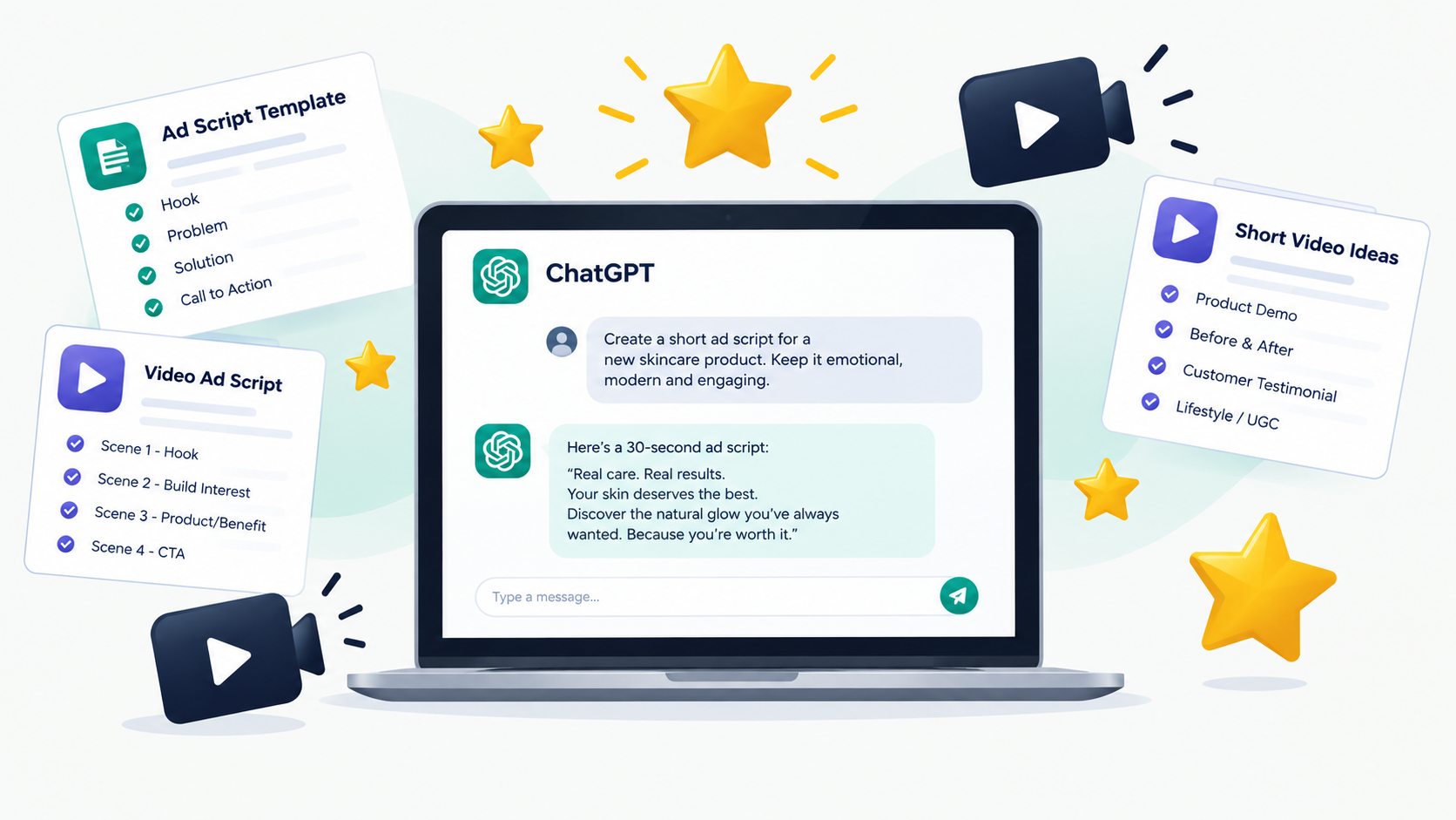 AI Image Prompt: Mockup showing a customer rating page with multiple glowing five-star icons, user profile bubbles, and quotes from reviews. Sleek minimalist styling, high contrast colors, premium presentation.