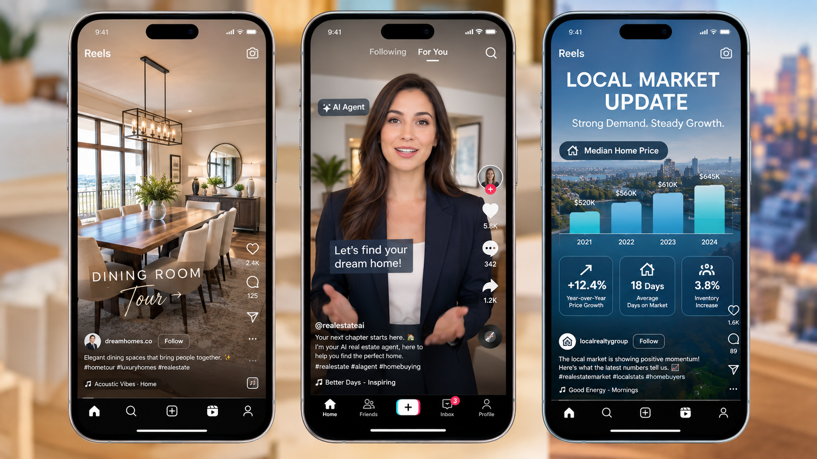 AI Image Prompt: Mobile phone mockups displaying vertical real estate videos on Instagram Reels and TikTok. One video shows an elegant dining room tour slide, the second shows an AI agent avatar presenting, and the third shows local market charts. Highly engaging social media frames.