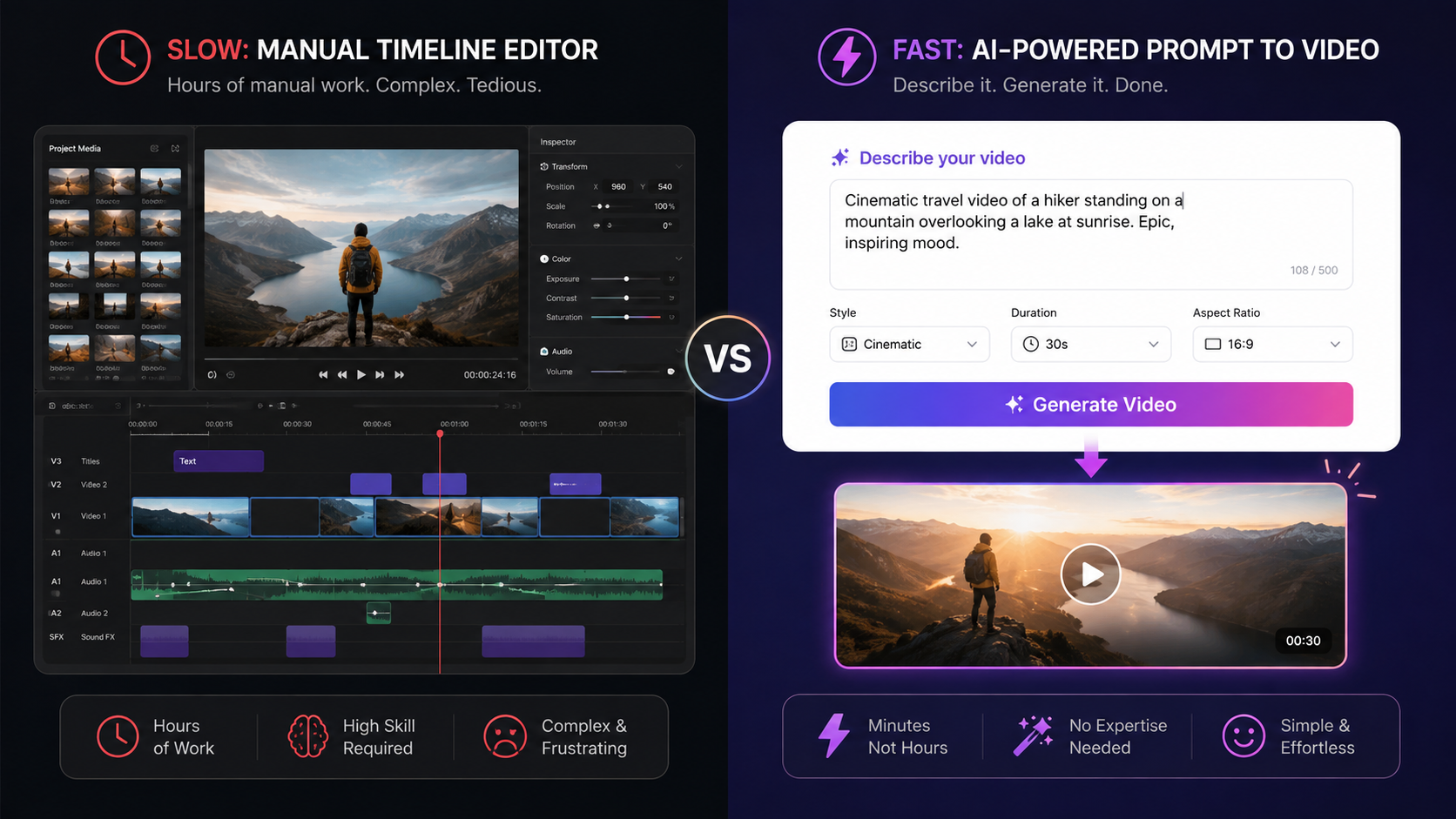 AI Image Prompt: A detailed graphical comparison showing a slow manual timeline video editor layout versus a fast AI-powered prompt interface that outputs a finished video. Minimalist style, high contrast, brand colors.