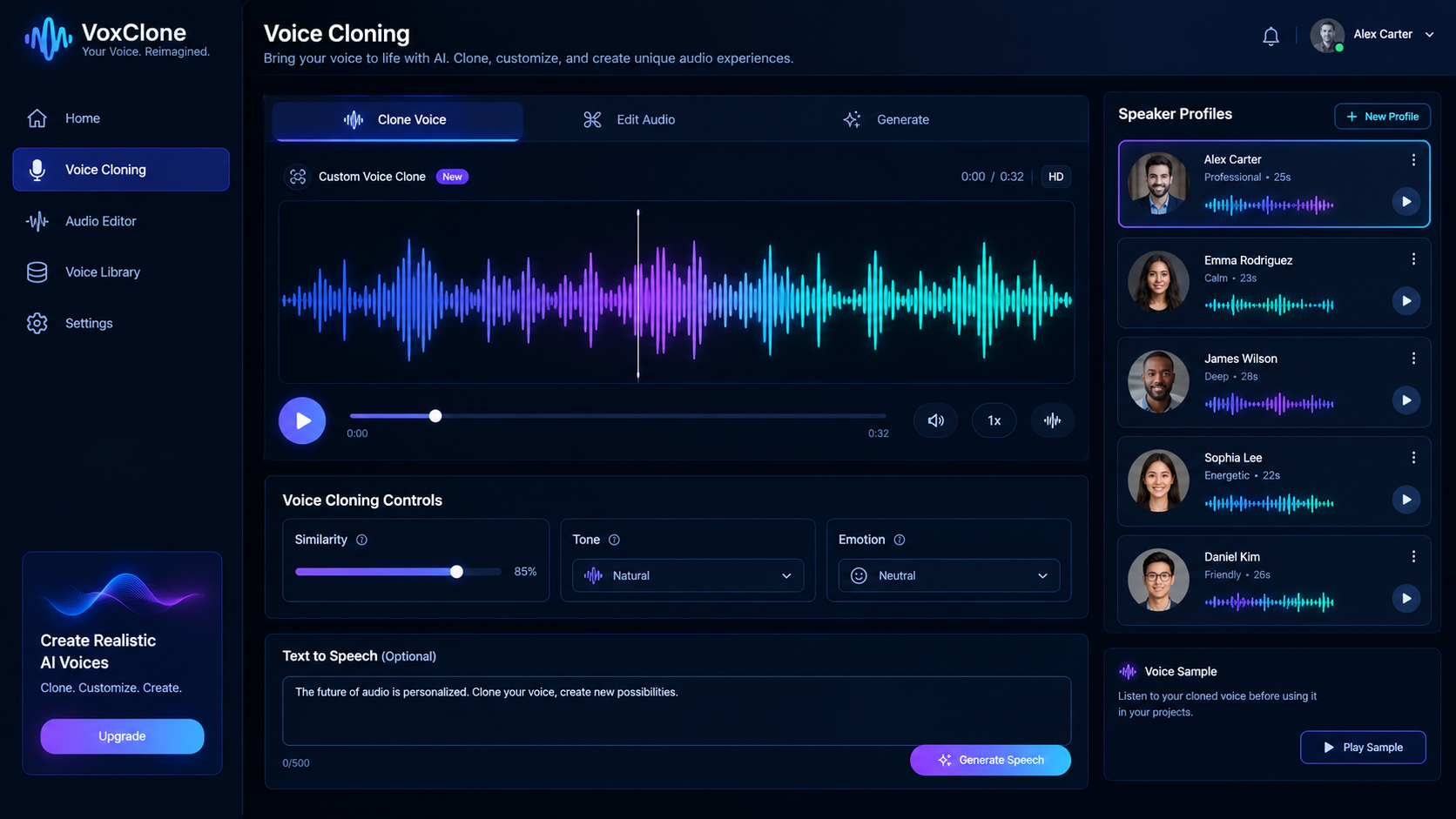 AI Image Prompt: A professional interface displaying custom AI voice cloning waves and speaker profiles. Clean neon-themed audio editing screen, dark background, sharp typography.