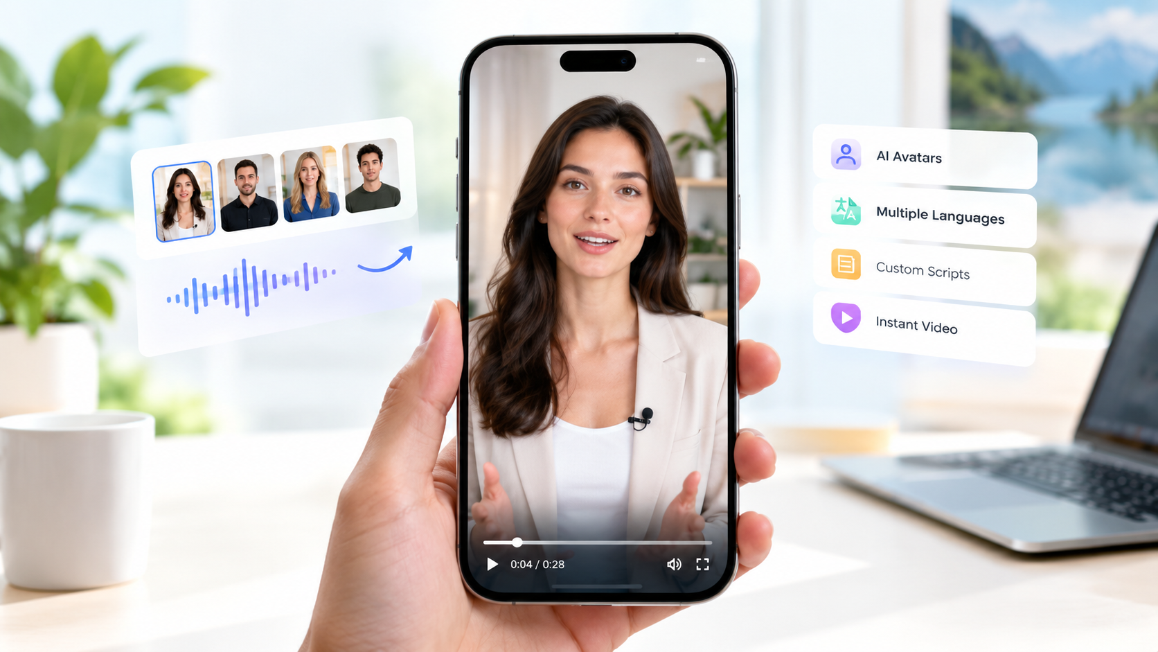 AI Image Prompt: A high-quality graphic showcasing a digital spokesperson avatar speaking on a smartphone screen, representing next-generation video creation. Photorealistic, bright background, brand aesthetics.