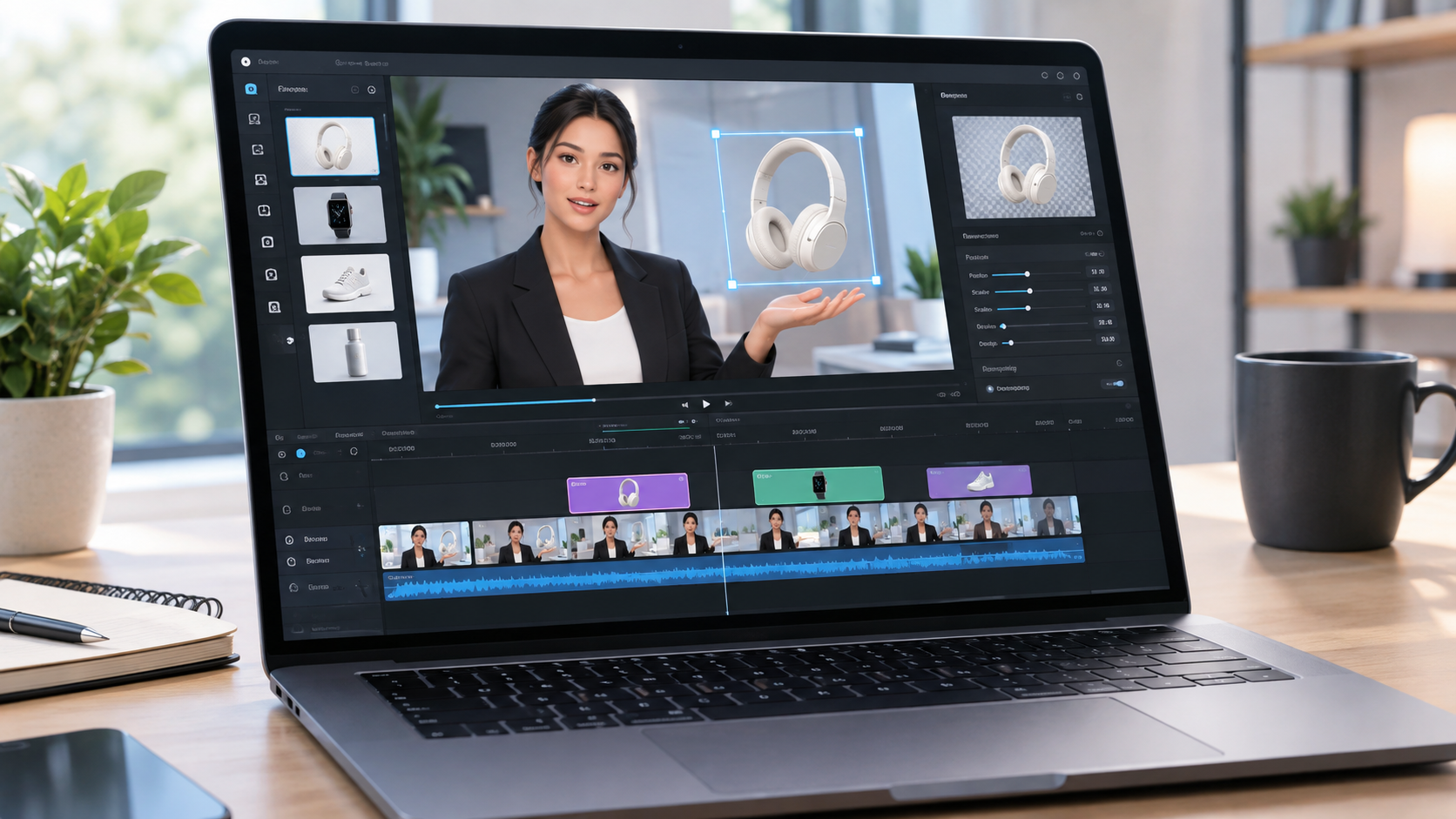 AI Image Prompt: A sleek laptop showing a video editing workspace where product mockups are being overlaid on top of a digital twin avatar presenter. Clean design, soft shadows.