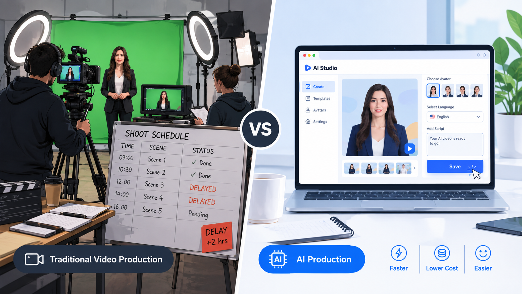 AI Image Prompt: A split screen comparing traditional video production setup (camera operator, ring lights, actor in front of a green screen, scheduling board showing delays) vs AI production setup (clean browser interface with a digital spokesperson preview and a save button). Modern line art illustration.