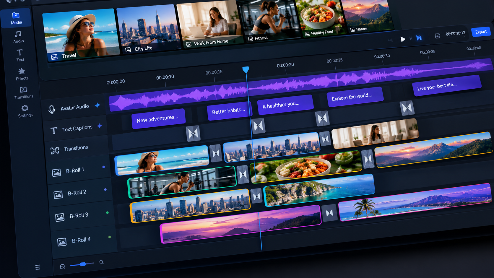 AI Image Prompt: A 3D isometric layout displaying a video editor timeline where various media tracks are stacked: avatar audio, text captions, transition markers, and colorful AI-generated B-roll clips representing different lifestyles. Sleek UI design.