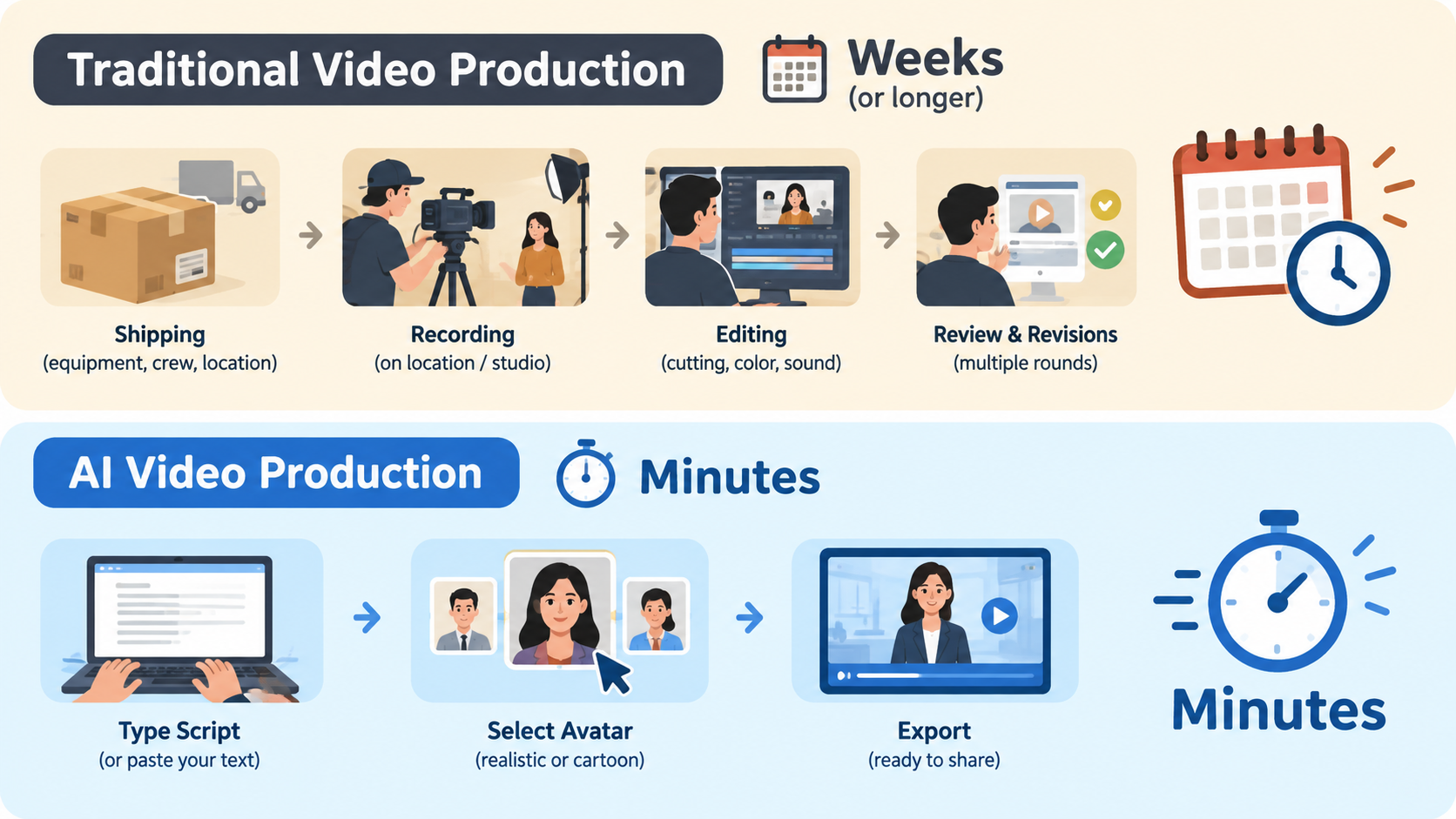AI Image Prompt: A comparison diagram illustrating the speed difference between traditional video production (weeks, multiple steps like shipping, recording, editing) vs AI video production (minutes, typing script, selecting avatar, exporting). Modern flat illustration style, clean pastel theme.