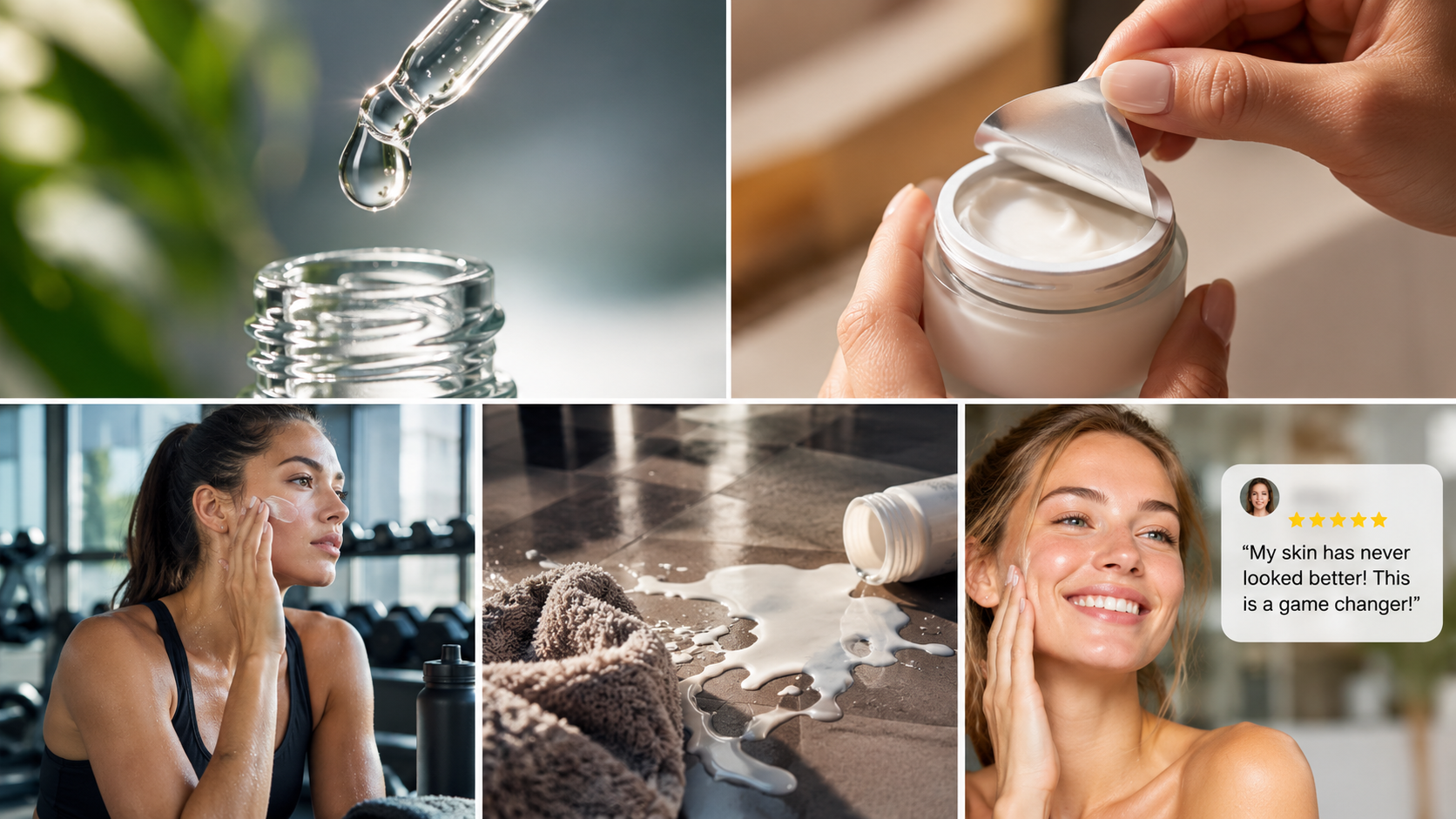 AI Image Prompt: Grid of 5 professional B-roll scene examples for vertical ads: Macro skincare drop, packaging peel, lifestyle workout usage, problem agitation spilled mess, and customer review badge overlay, sleek commercial cinematography.