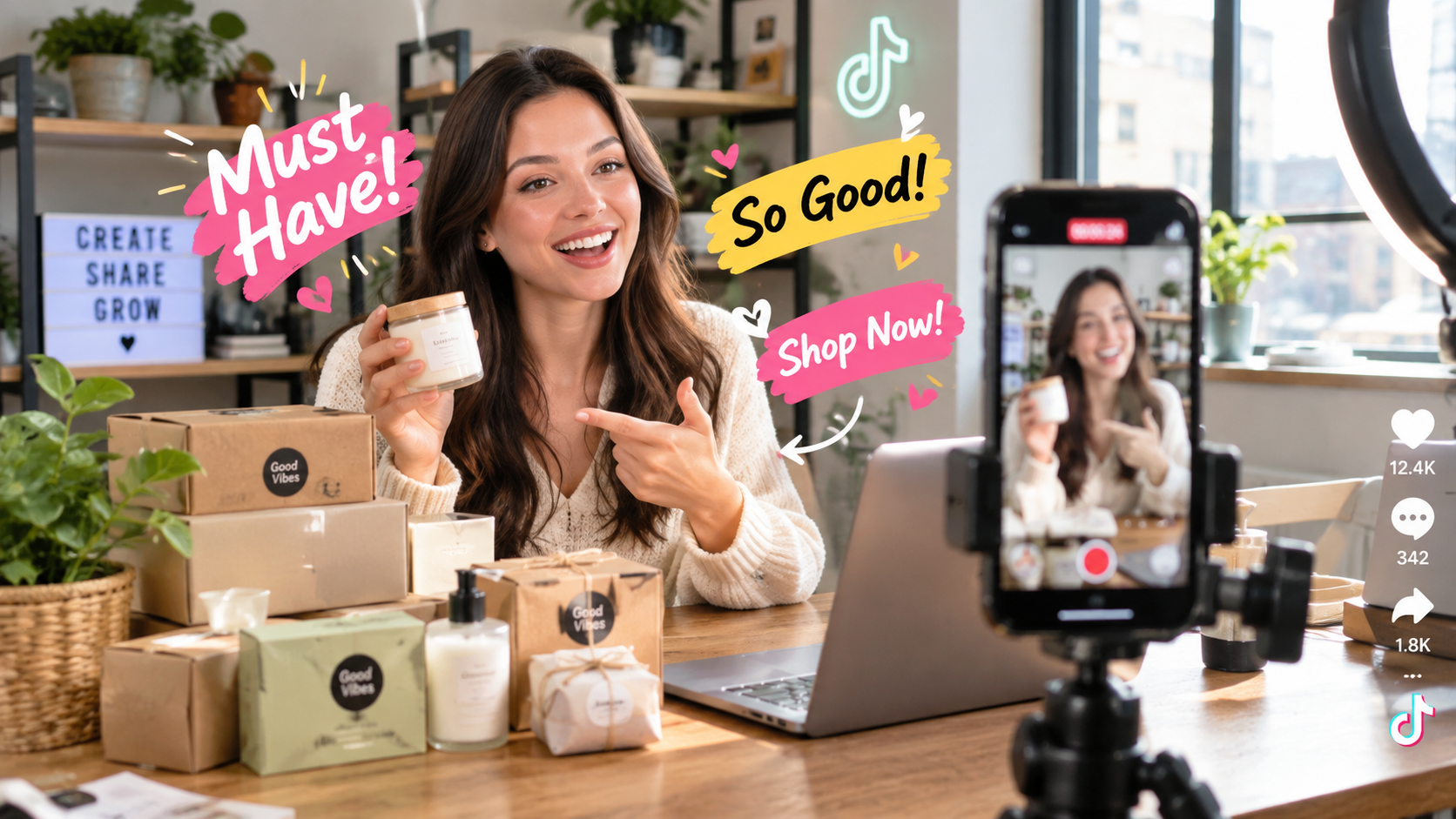AI Image Prompt: E-commerce creator desk with multiple product packages, smartphone recording a TikTok video with high-energy animated captions overlay, natural window light, modern studio setting.