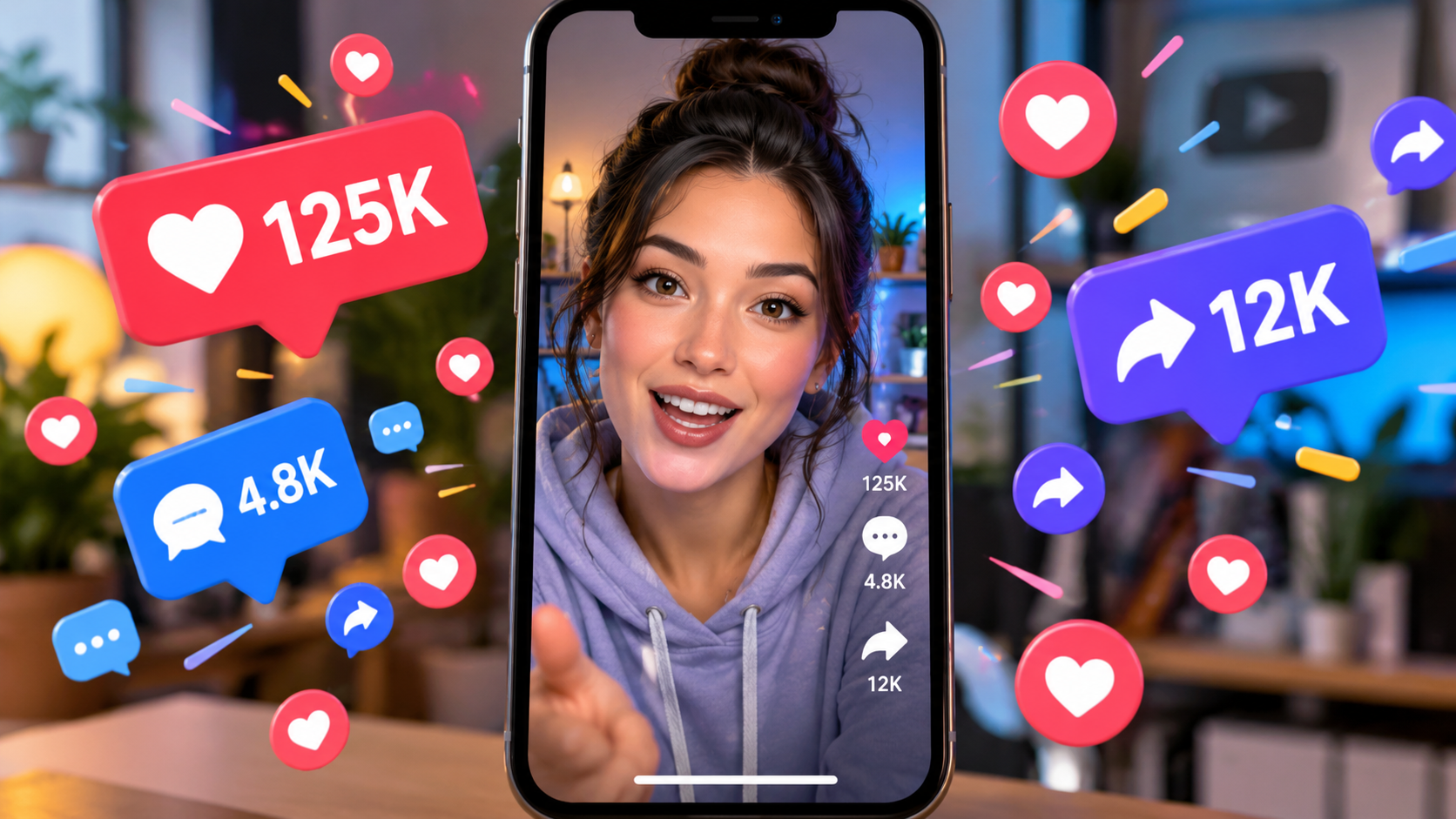AI Image Prompt: Split view of an AI avatar speaking an engaging hook directly to camera on a vertical smartphone screen, with floating engagement metrics like heart icons, share counts, and comment bubbles bursting outward.