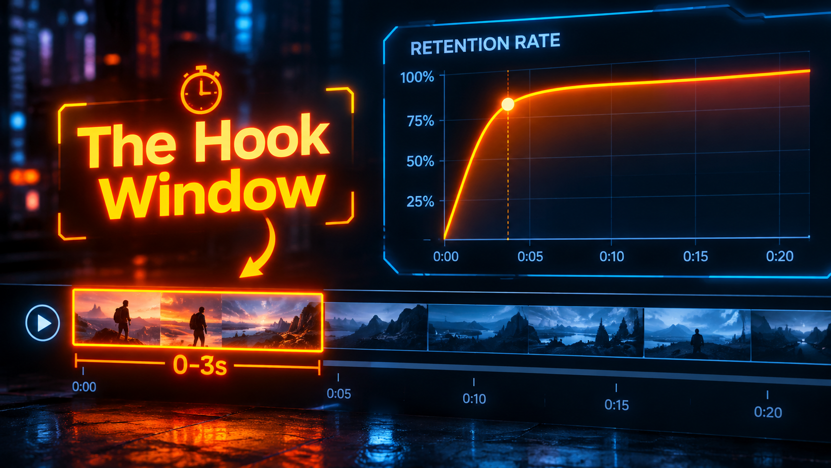 AI Image Prompt: High-impact visual showing a video timeline with the first 3 seconds highlighted in glowing orange text saying 'The Hook Window', retention graph curving sharply upwards, clean typography, cyberpunk aesthetics.