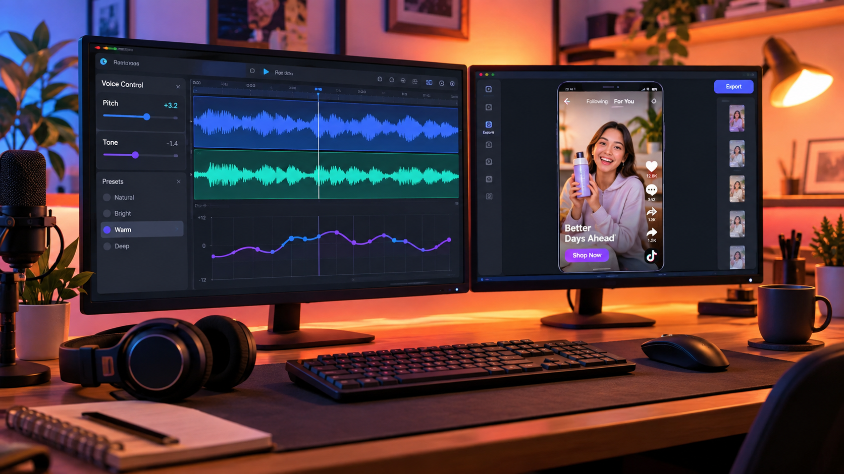 AI Image Prompt: A modern creator workspace with two monitors. On one monitor, audio editing waveforms showing voice pitch and tone control. On the other monitor, a vertical smartphone preview rendering a finished TikTok ad. Warm neon workspace lighting.