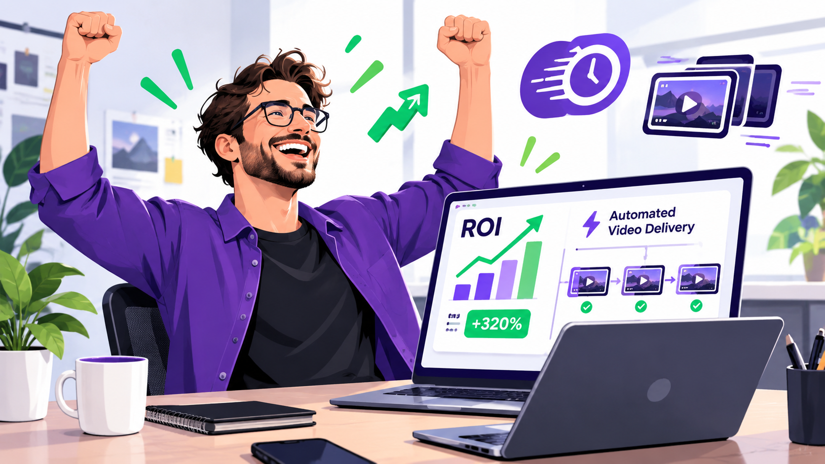 AI Image Prompt: An illustration of a modern creative professional celebrating with hands raised in front of a laptop showing high ROI and fast automated video delivery. Clean vector art with purple and green accents.