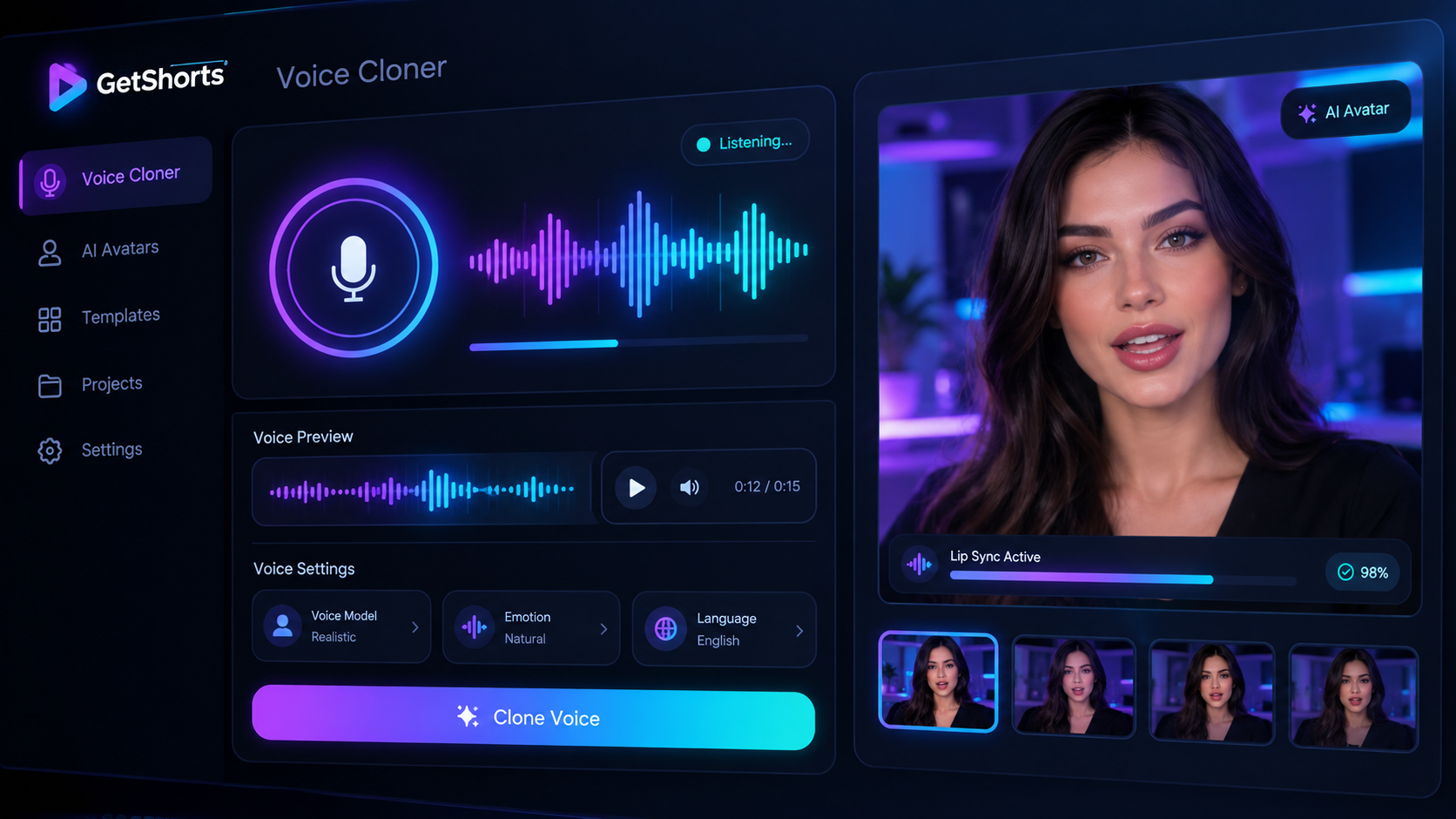 AI Image Prompt: Close-up UI view of the GetShorts Voice Cloner tool. A microphone icon with audio waveform analyzer on a dark glass dashboard. A preview panel shows an AI avatar syncing lips to the synthesized voice. Elegant glowing violet and cyan details.