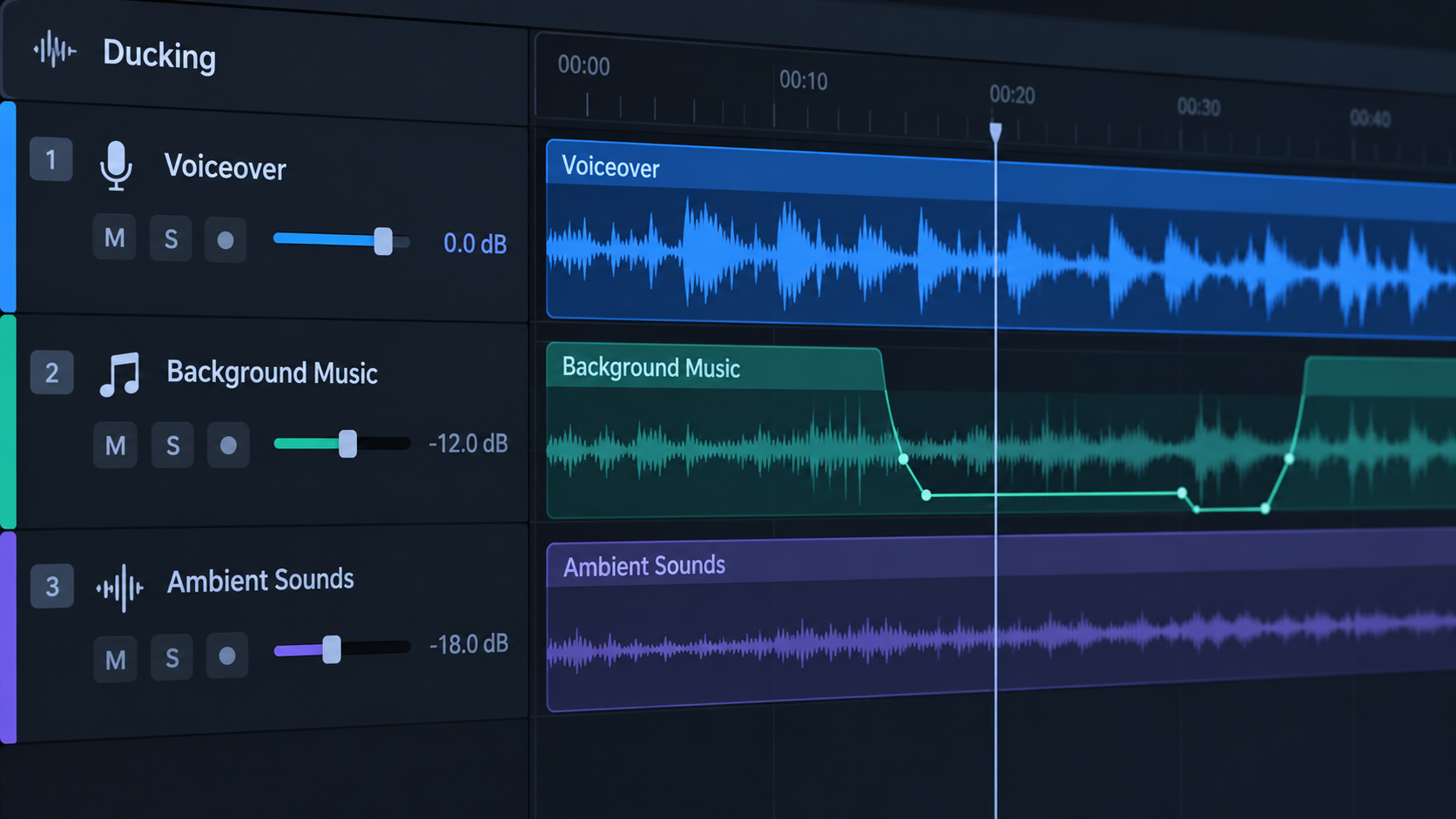 AI Image Prompt: Graphic UI mockup showcasing a digital voice library with diverse avatar sound cards, pitch and pacing slider controls, and waveform playback preview, rich indigo and cyan palette.