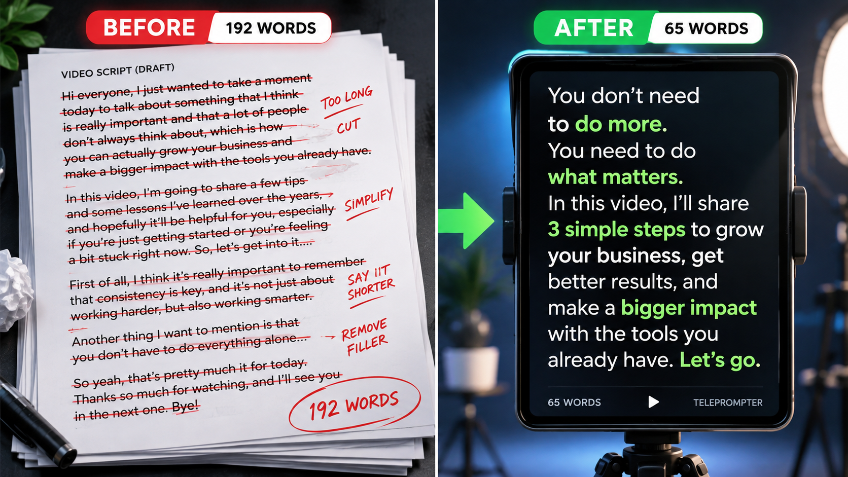 AI Image Prompt: Split comparison view showing a bloated text script full of red strike-through edit marks on the left, and a concise high-impact 65-word teleprompter vertical script on the right, high contrast studio lighting.