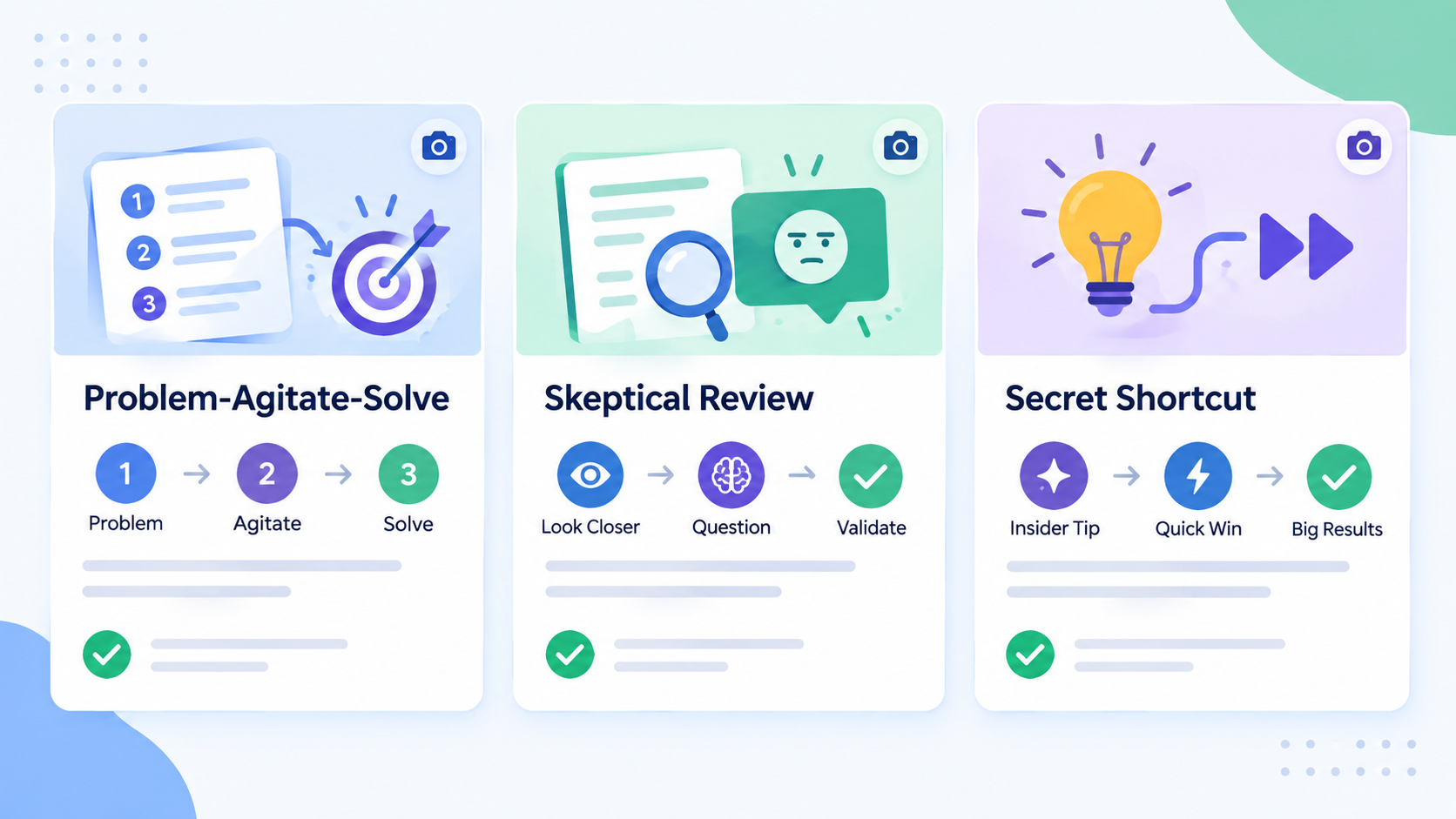 AI Image Prompt: Clean flat graphic displaying cards of three script formulas labeled Problem-Agitate-Solve, Skeptical Review, and Secret Shortcut with checkmark indicators and camera icon accents, modern SaaS UI illustration.