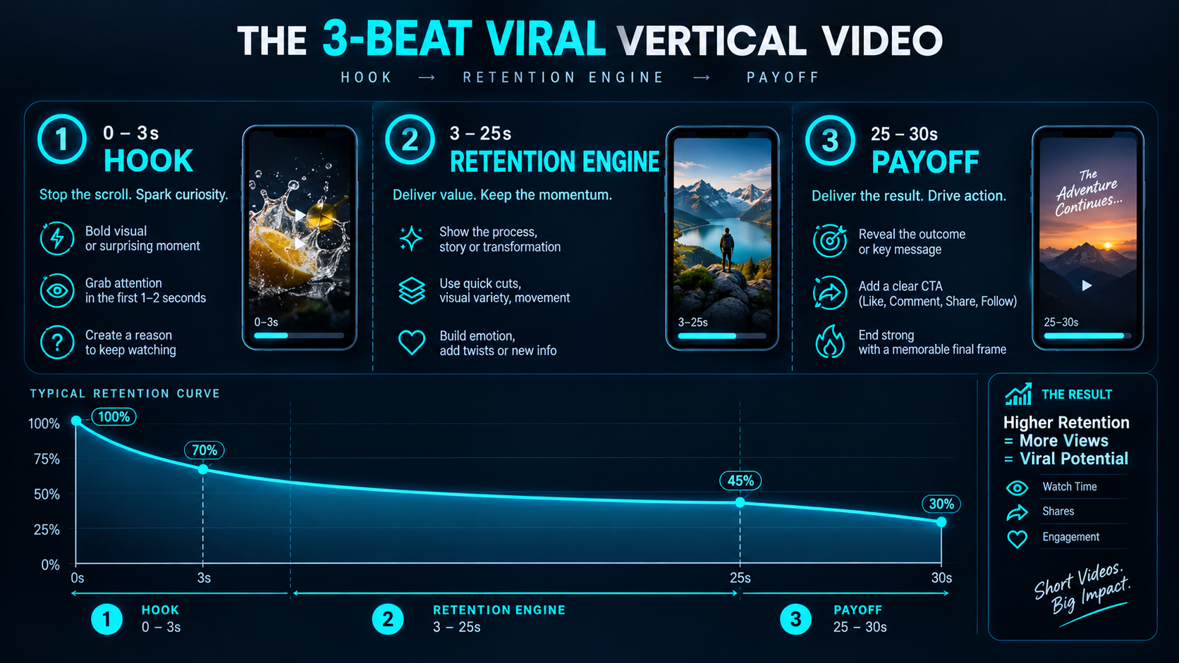 AI Image Prompt: Technical infographic diagram illustrating the 3-beat viral vertical video timeline: 0 to 3 second Hook, 3 to 25 second Retention Engine, and 25 to 30 second Payoff with retention percentage curve graphs, modern dark UI styling with neon cyan accents.