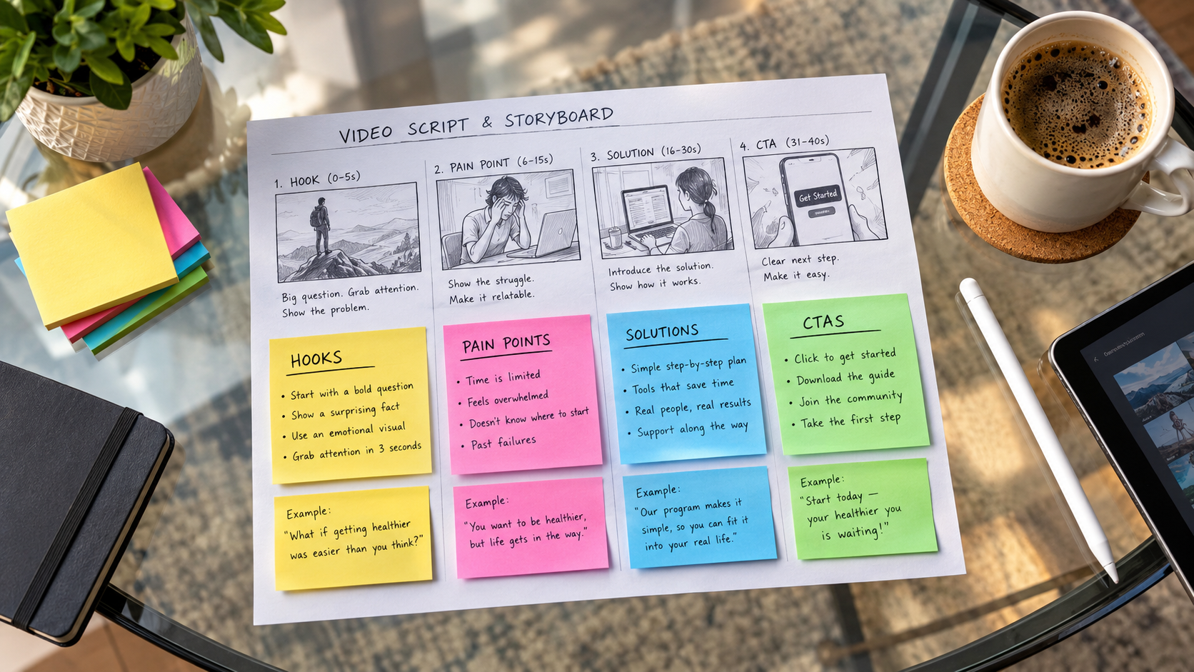 AI Image Prompt: Overhead view of a digital scriptwriting storyboard with color-coded sticky notes for Hooks, Pain Points, Solutions, and CTAs arranged on a glass table next to a coffee cup and stylus pen.