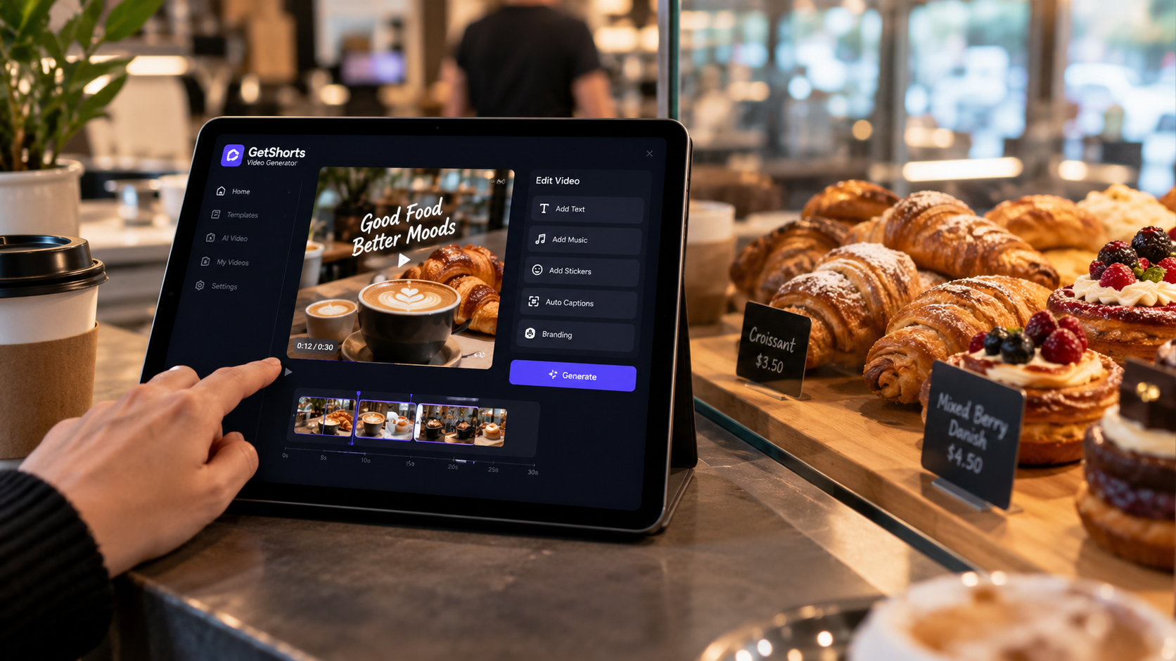 AI Image Prompt: Split view showing a cafe counter with fresh pastries on the right, and on the left, a digital tablet interface displaying GetShorts video generator editing a promo clip. Professional commercial lighting, realistic depth of field.