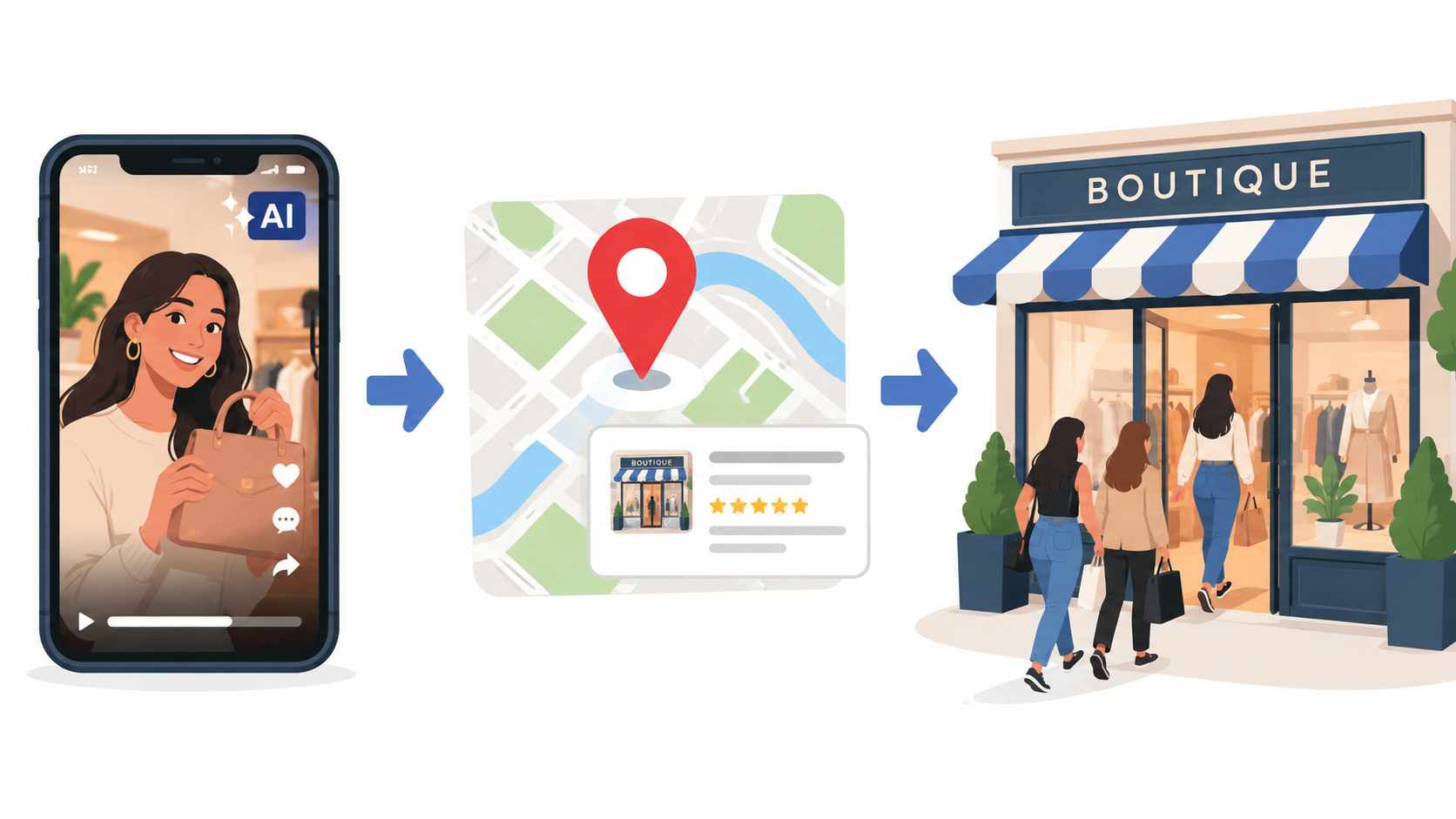 AI Image Prompt: Diagram illustrating the local business video conversion funnel. Shows an AI vertical video ad playing on a smartphone, leading to a local map pin, and ending with customers stepping into a boutique storefront. Minimalist vector illustration style.
